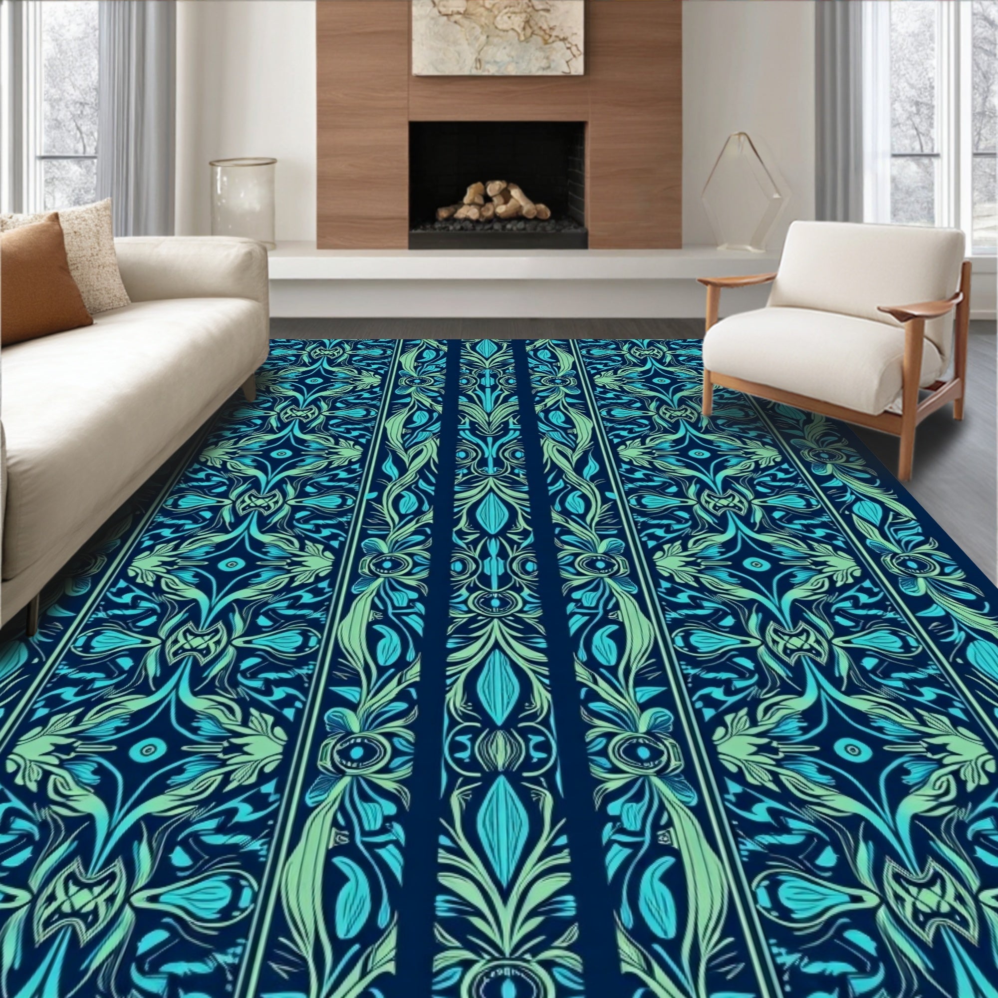 Art Nouveau Teal Floral Vertical Stripe Rug