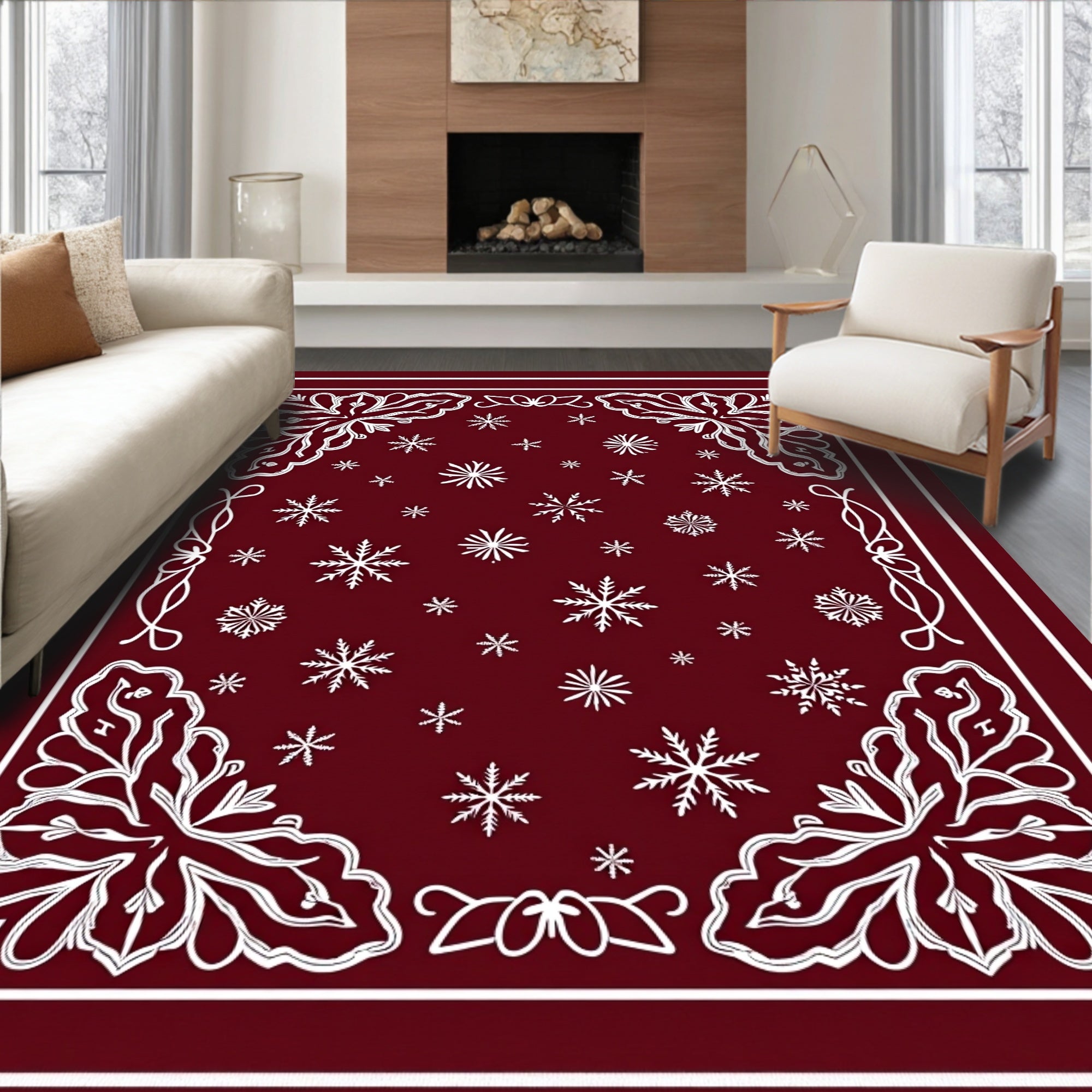 Deep Red Snowflake Medallion Border Rug