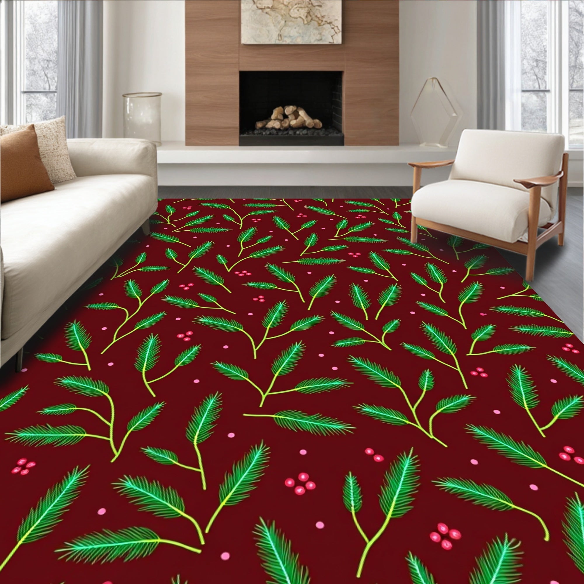 Festive Pine Sprigs Berry Accents Rug