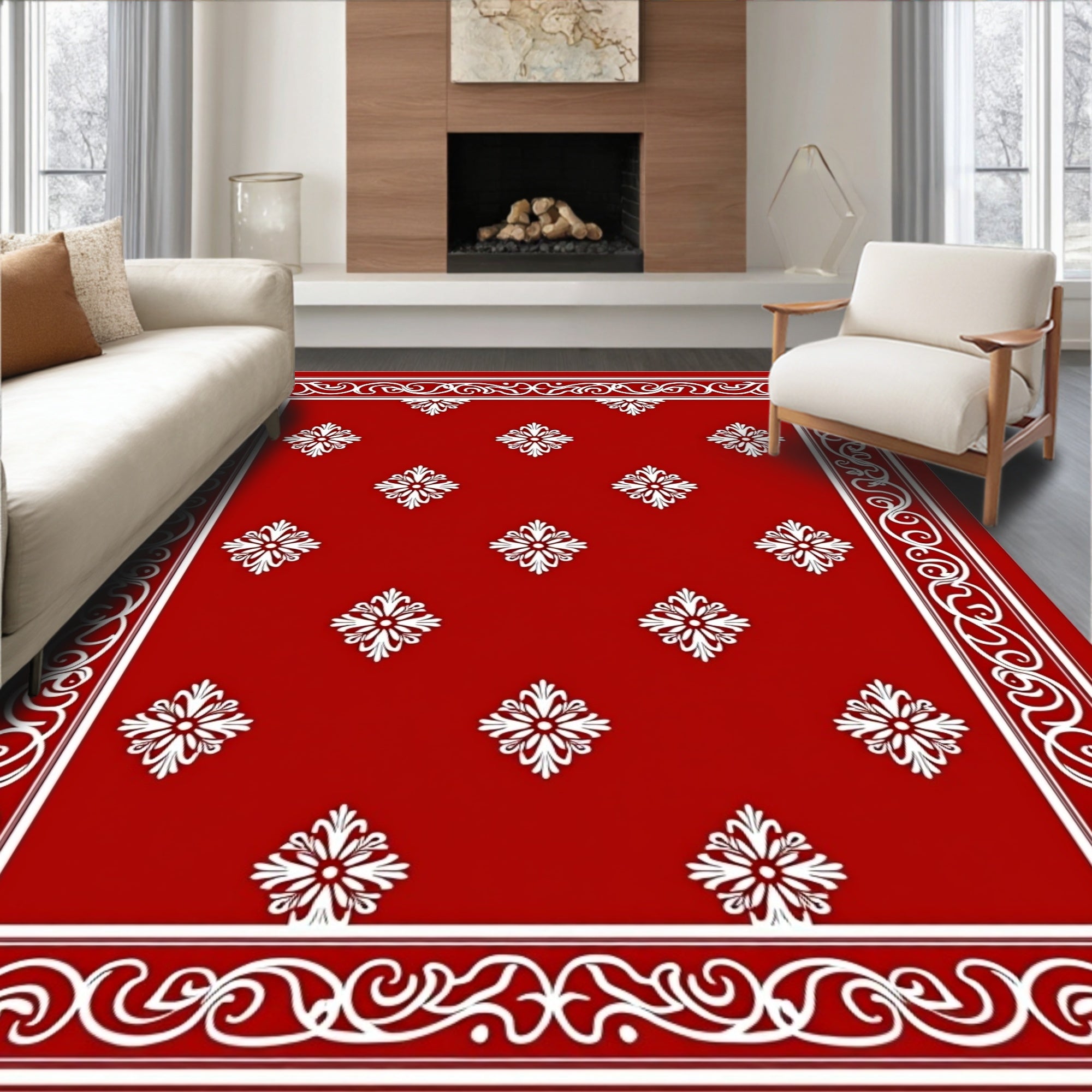 Red White Floral Medallion Border Rug
