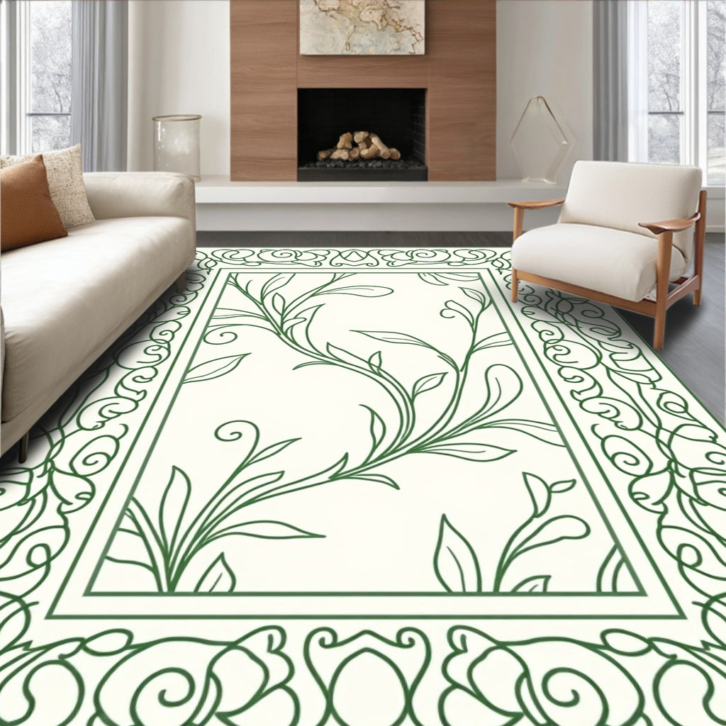 Emerald Green Vine Scroll Frame Rug