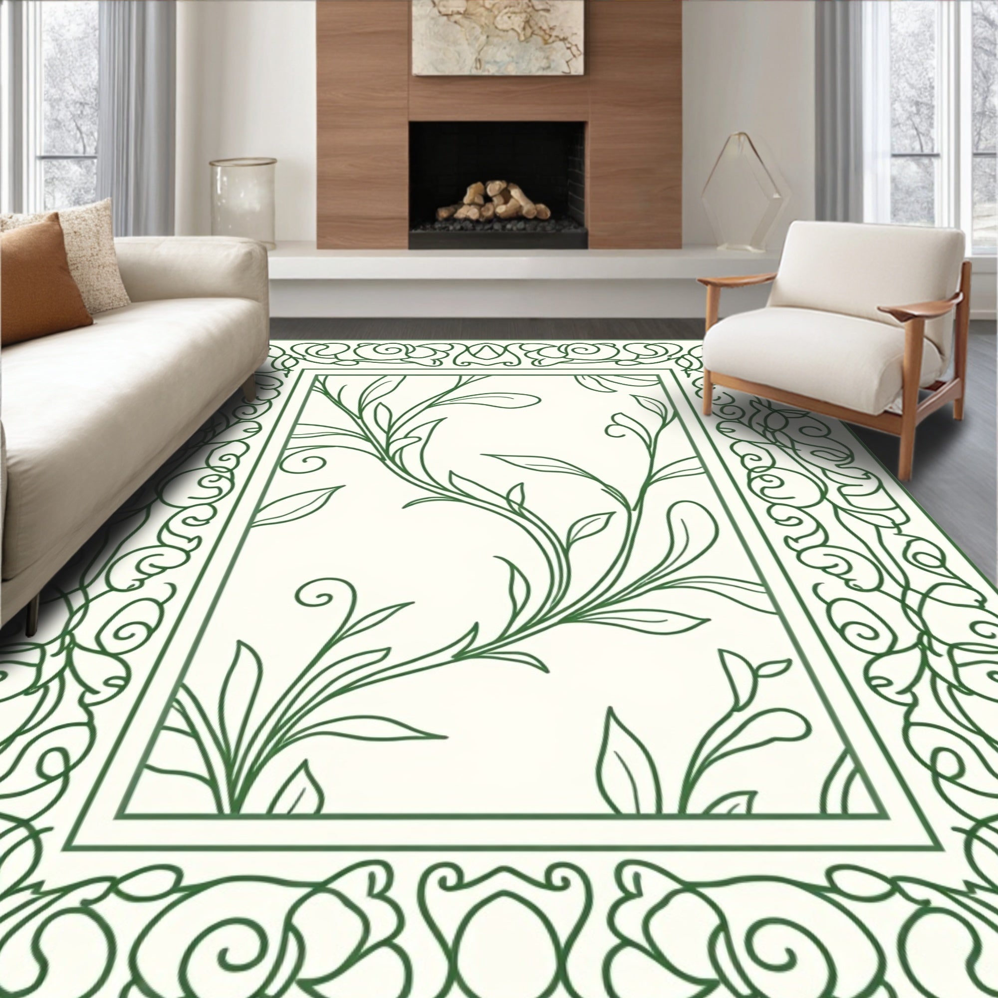 Emerald Green Vine Scroll Frame Rug