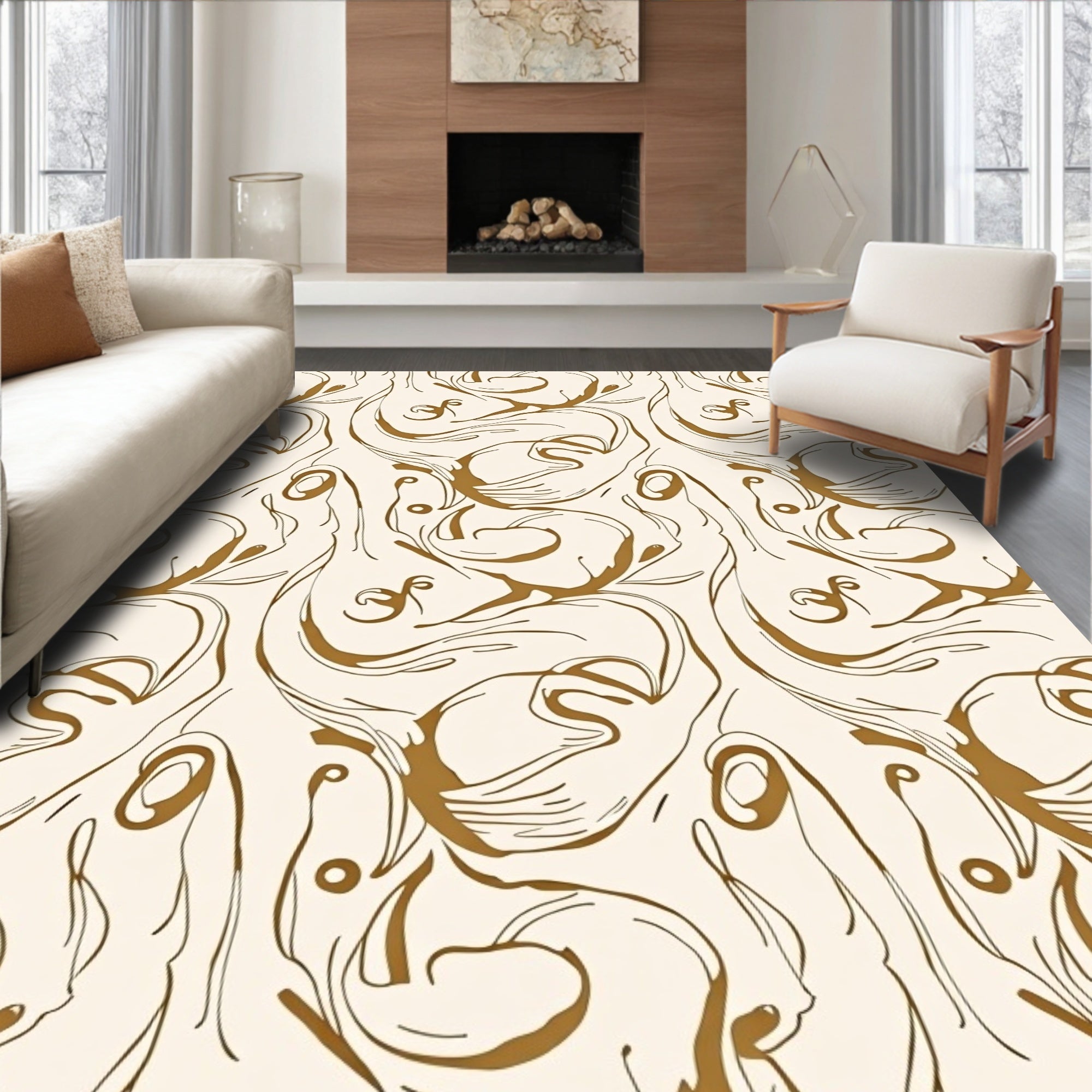 Gold Flowing Lines Swirl Abstract Rug