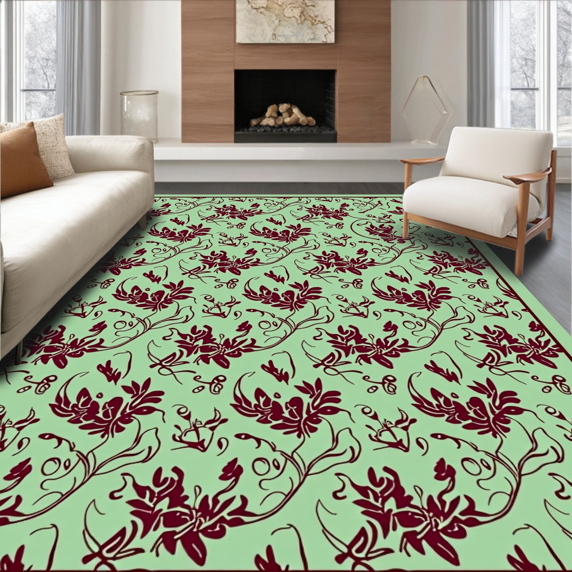 Maroon Floral Vine Scroll Sage Rug