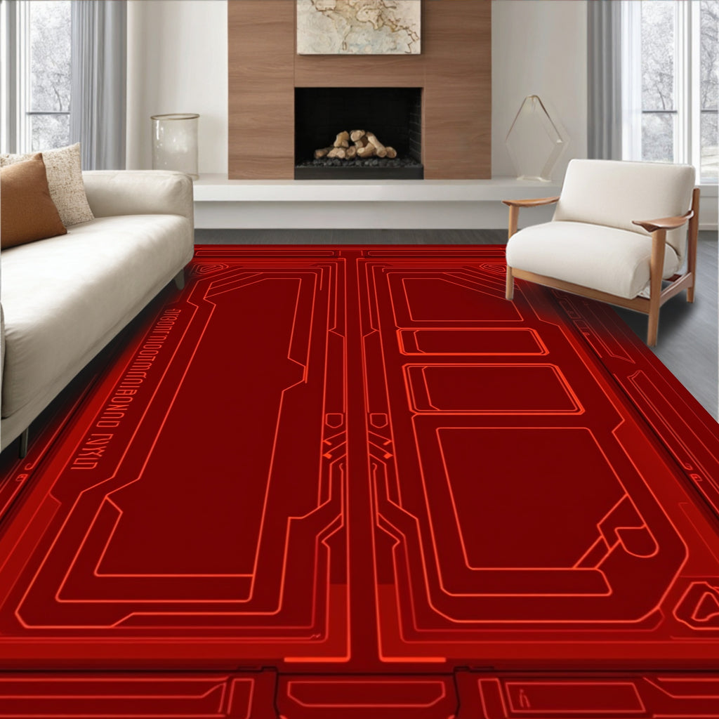 Futuristic Red Circuit Board Lines Rug