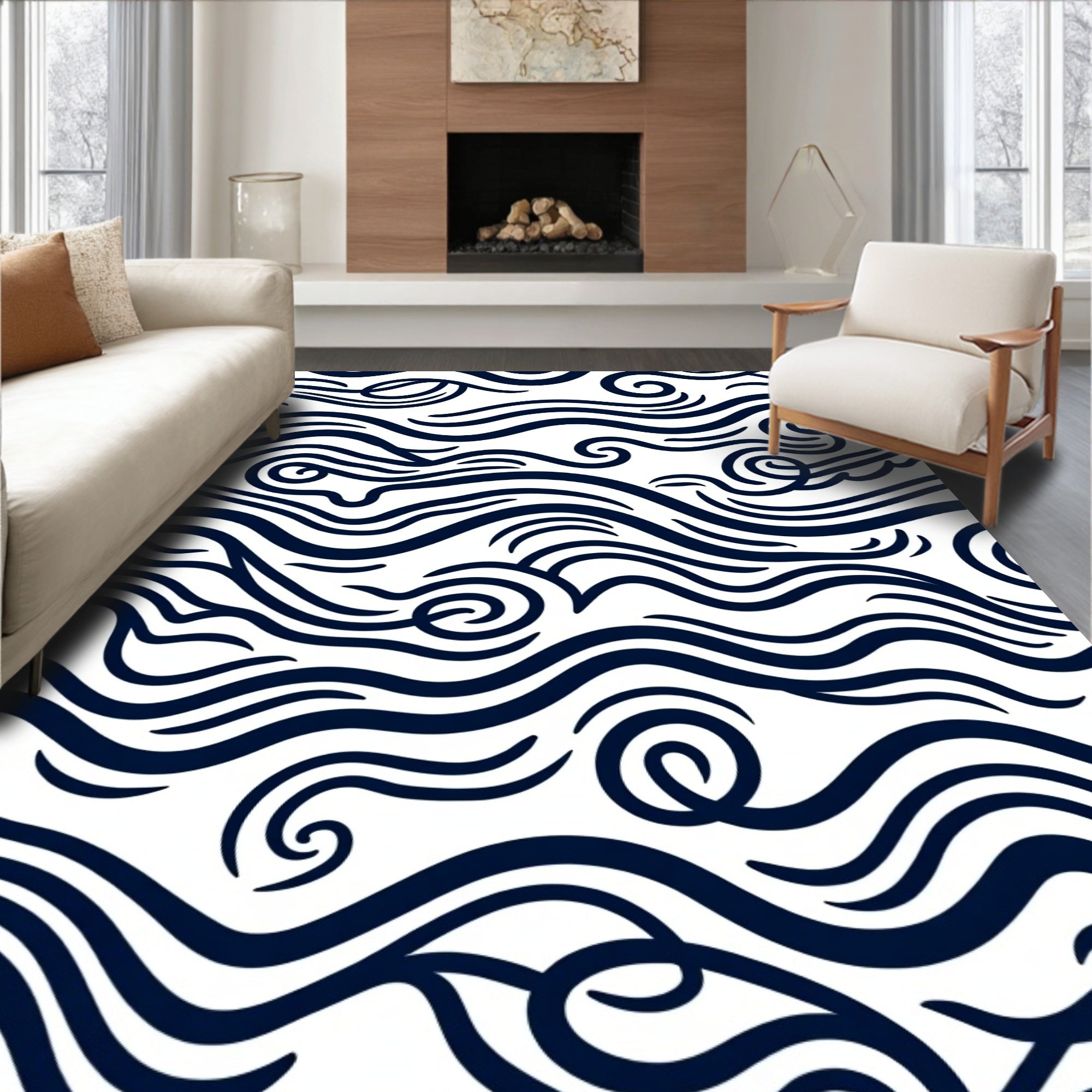 Deep Blue Abstract Wave Rug