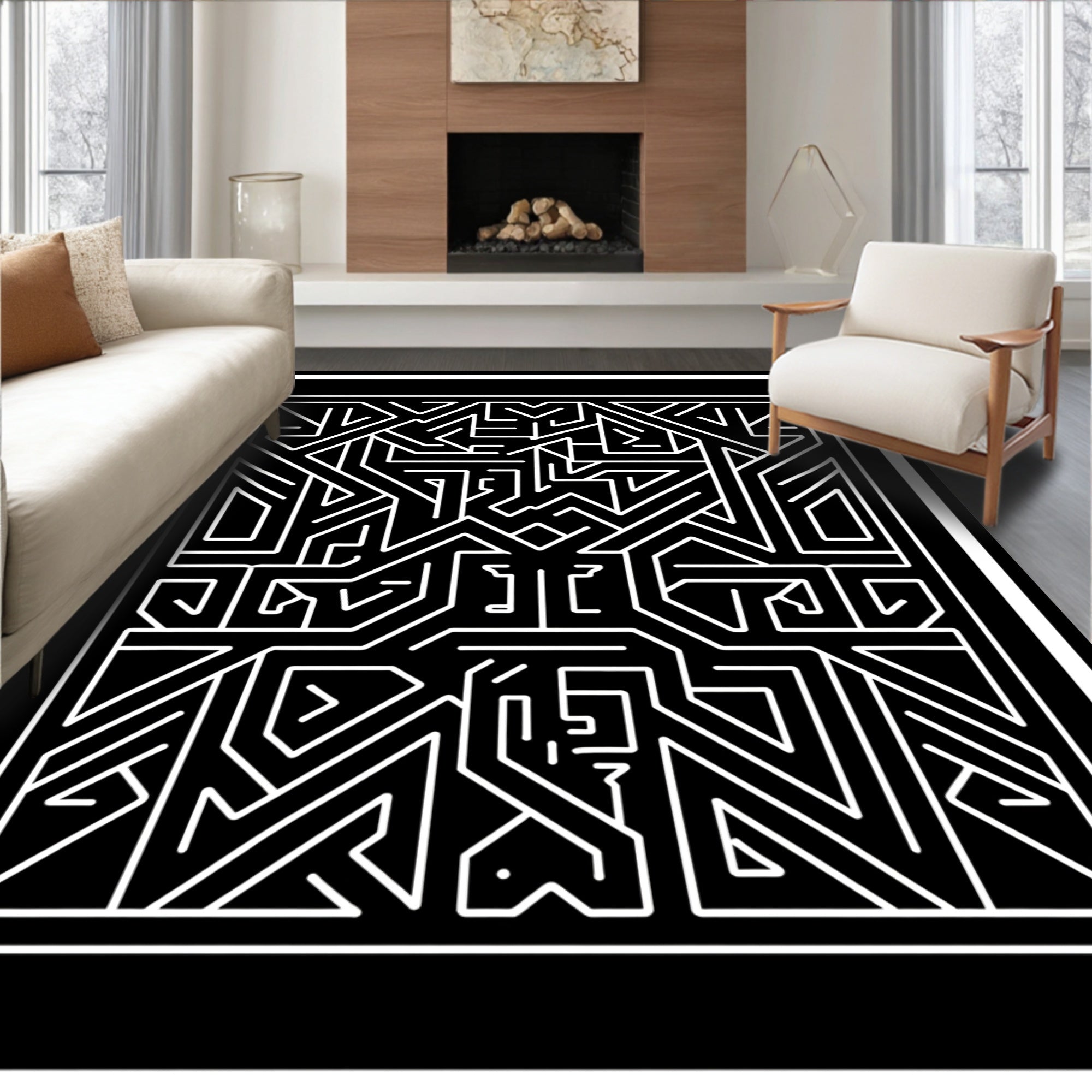 Black White Angular Maze Harmony Rug