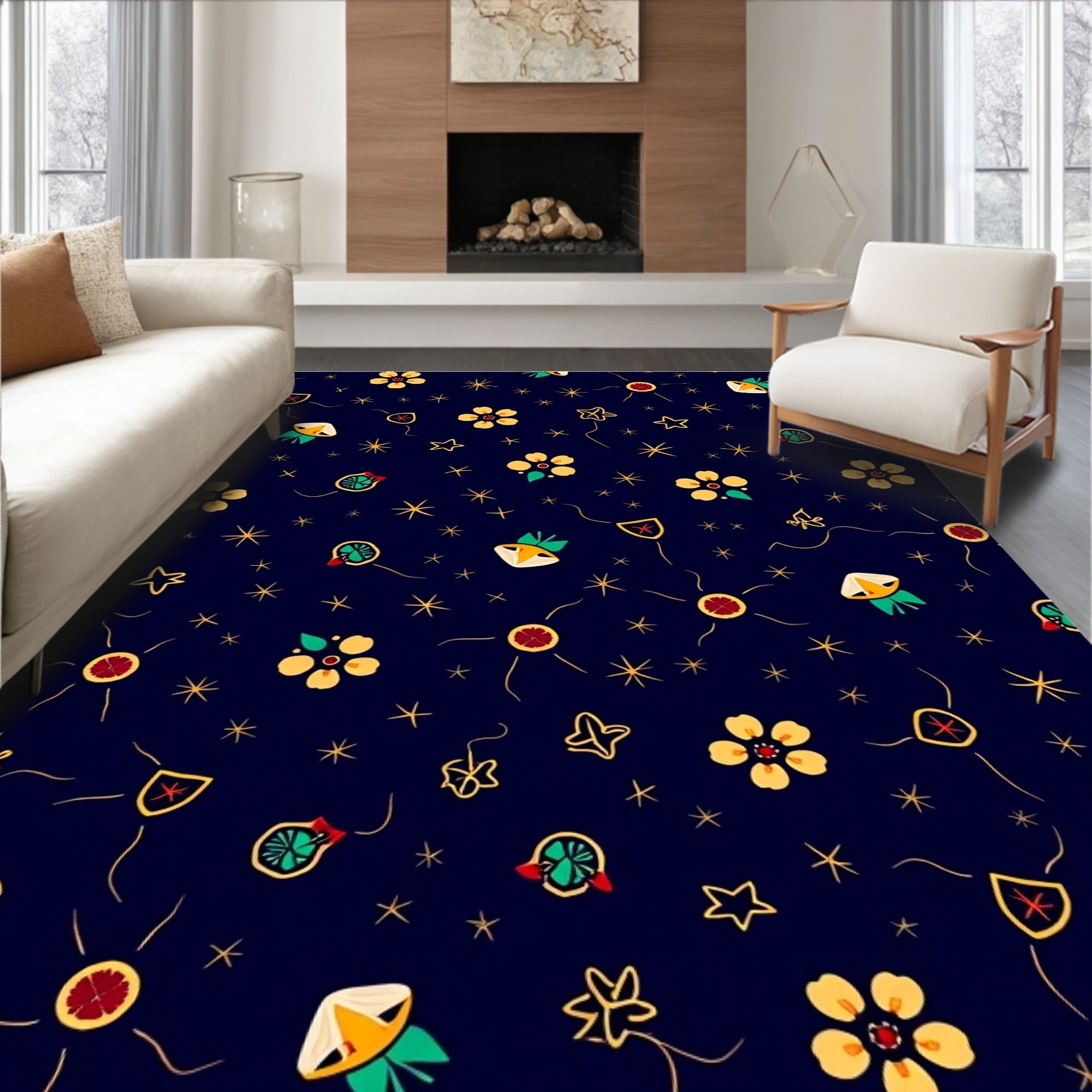 Navy Yellow Floral Starburst Motif Rug