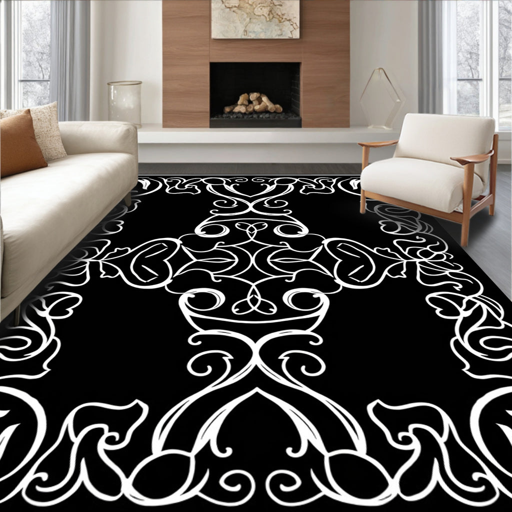 White Black Scrollwork Accents Rug
