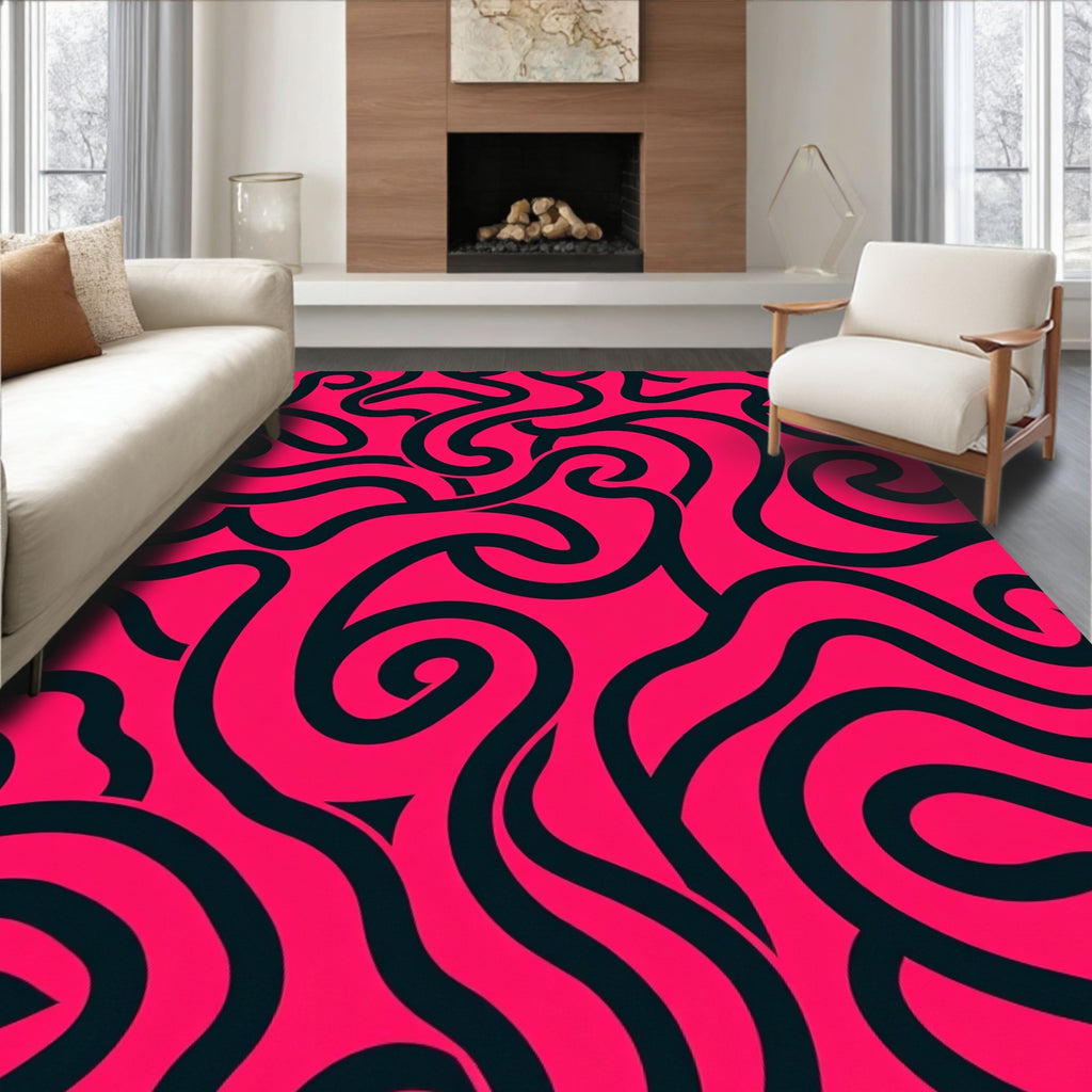 Vibrant Pink and Black Swirl Rug