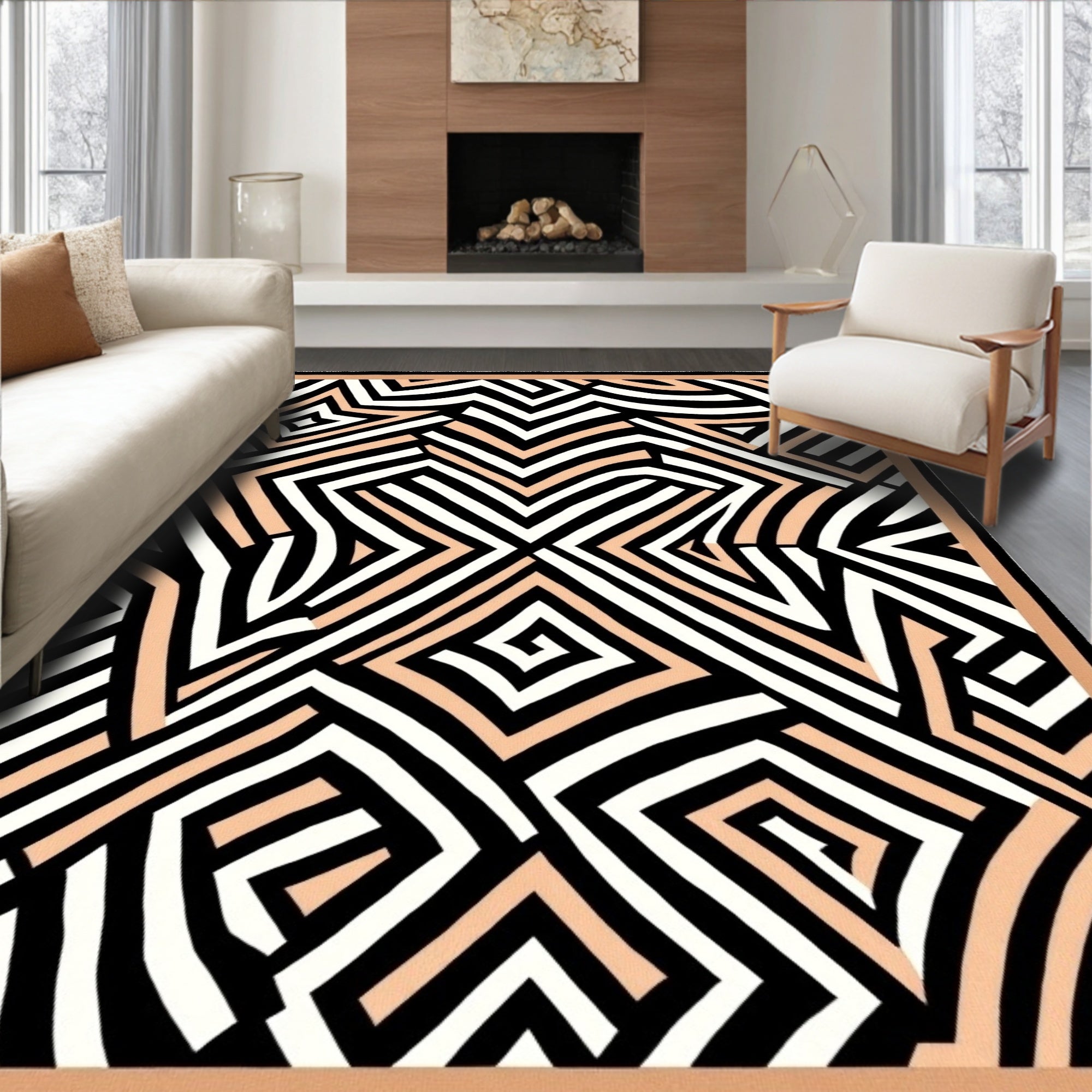 Geometric Peach Black White Abstract Form Rug