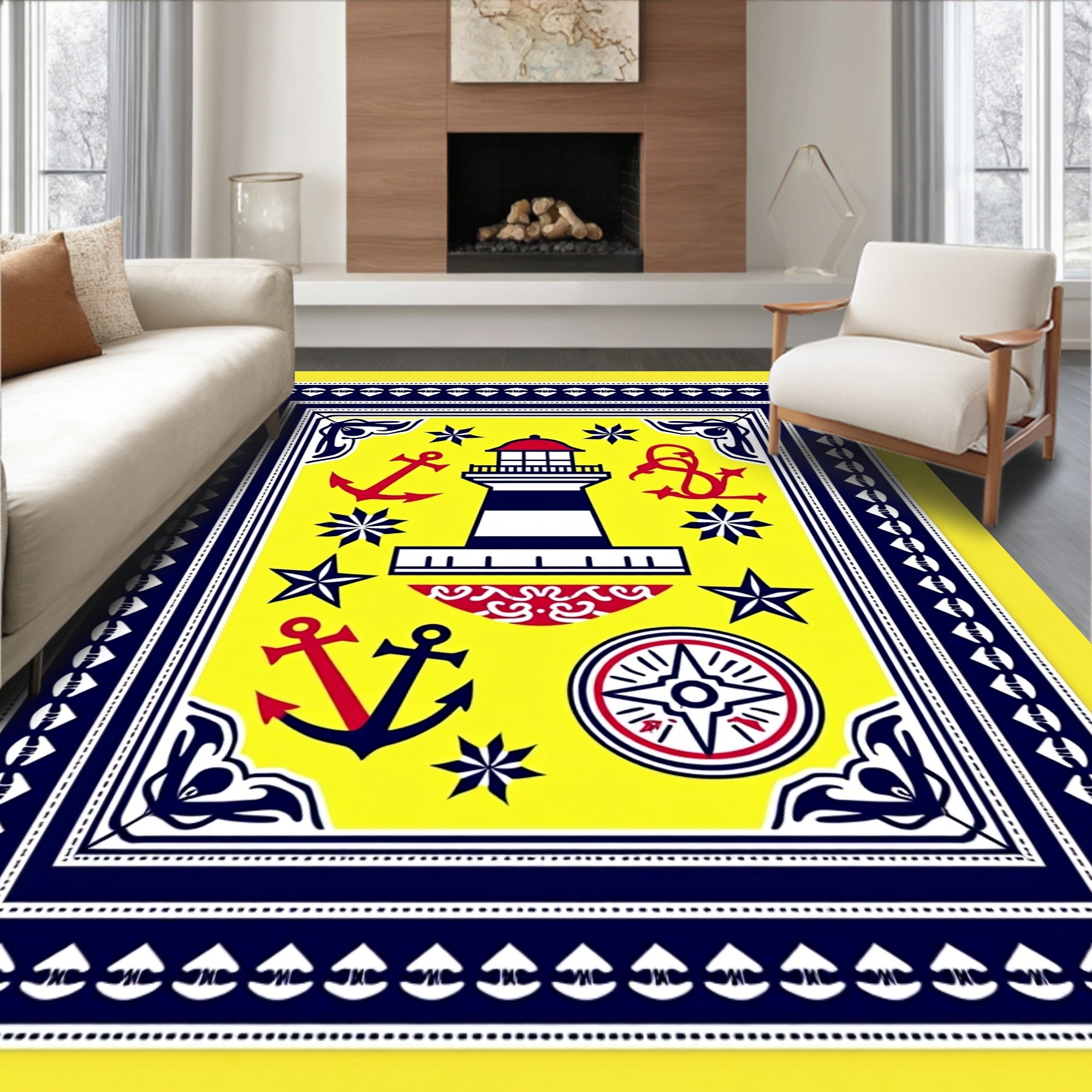Nautical Lighthouse Anchor Compass Yellow Rug