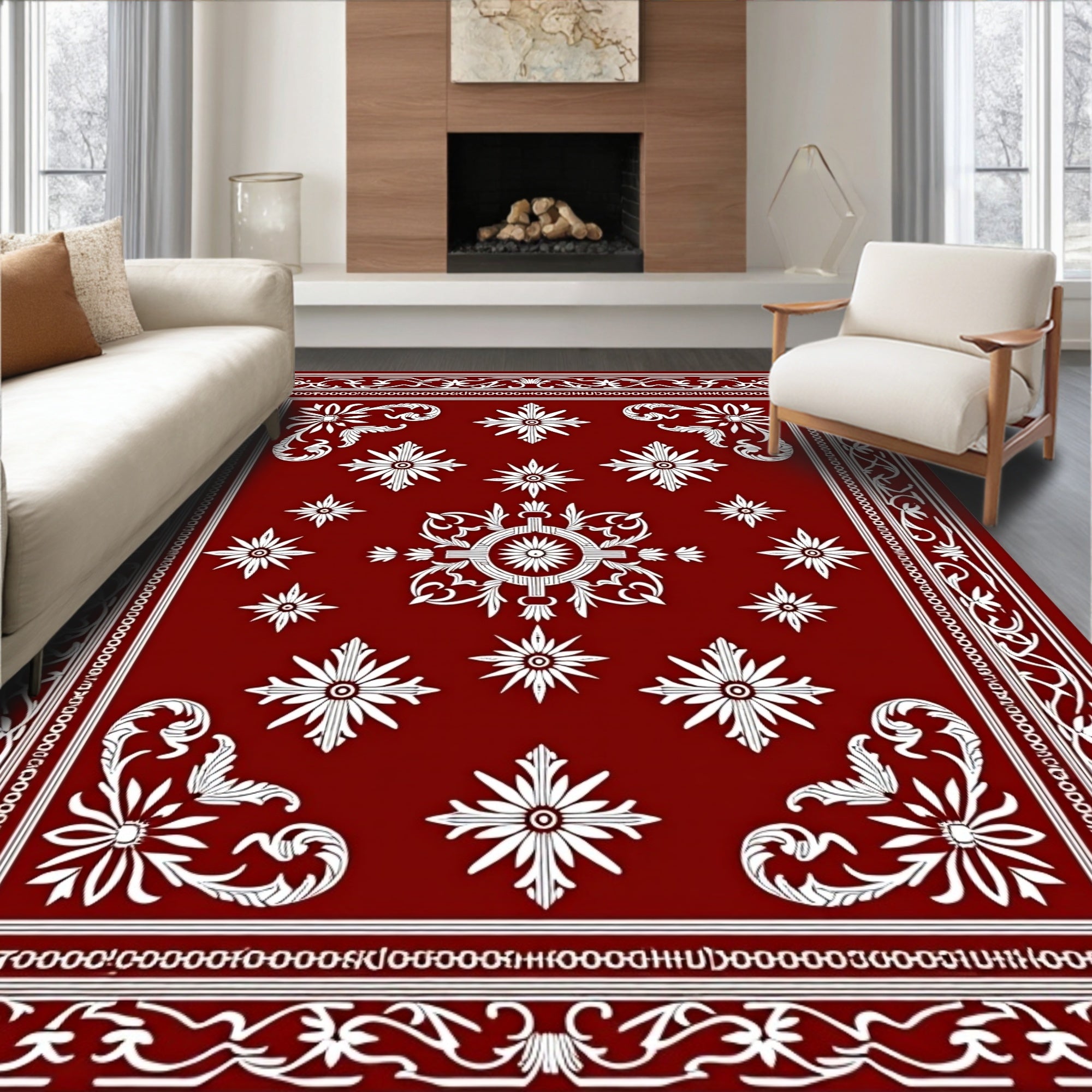 Crimson White Floral Medallion Arrangement Rug
