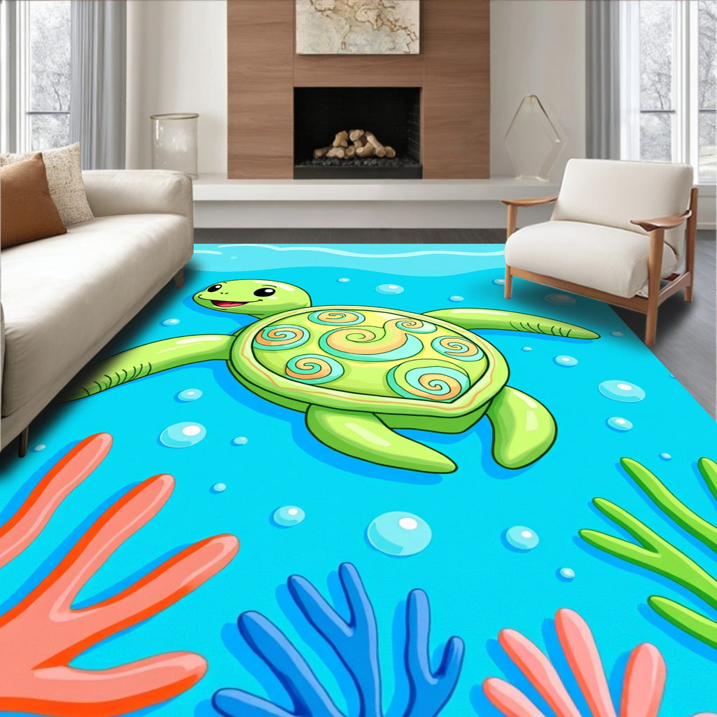 Whimsical Green Turtle Ocean Swirls Rug