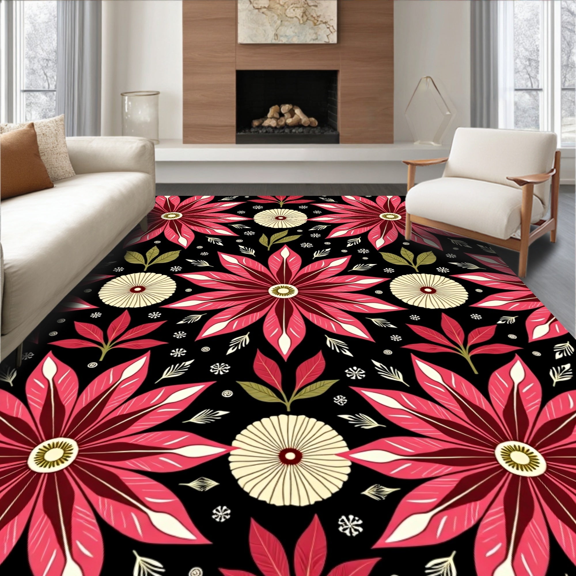 Bold Crimson Petal Medallion Rug