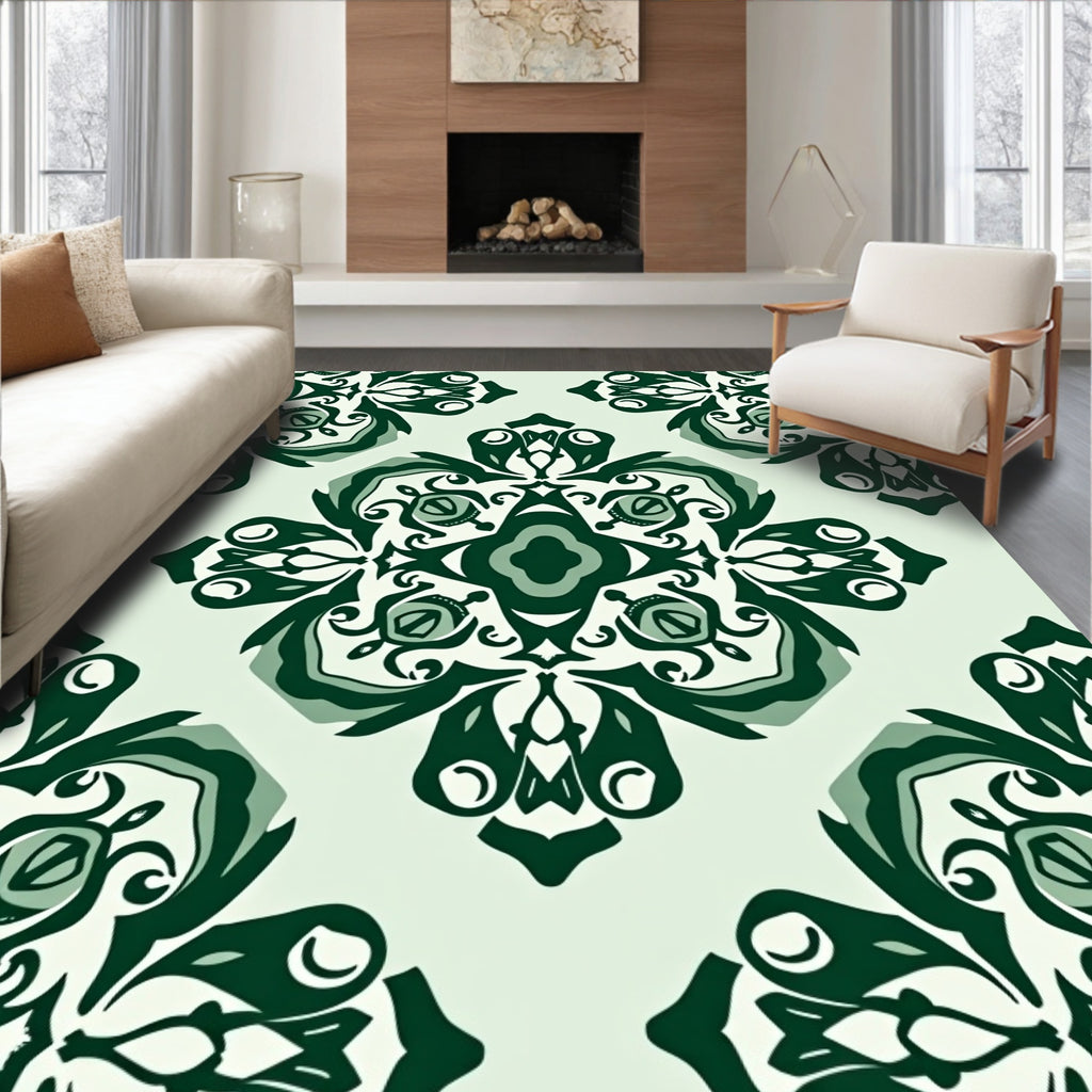 Forest Green Damask Ornamental Medallion Rug