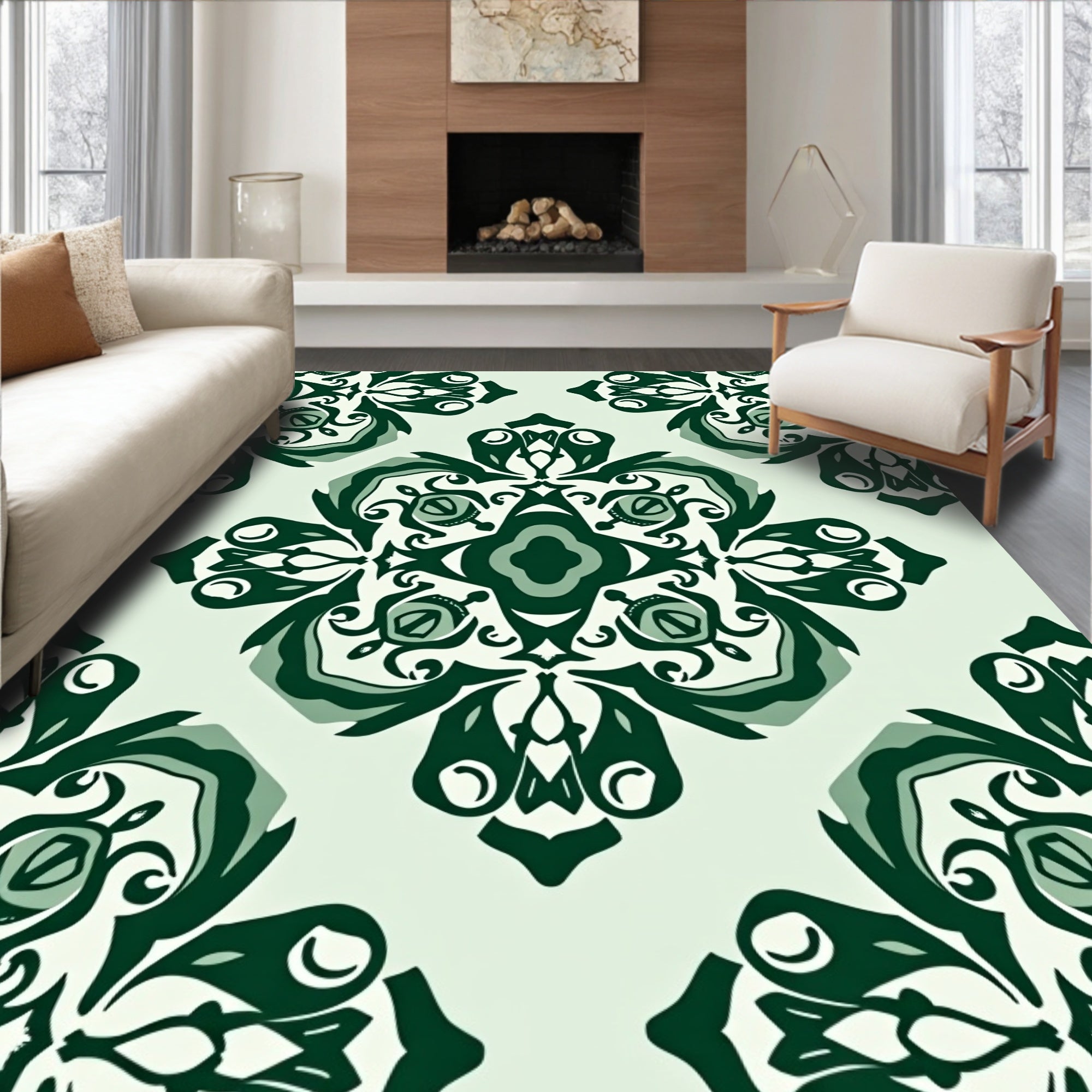 Forest Green Damask Ornamental Medallion Rug