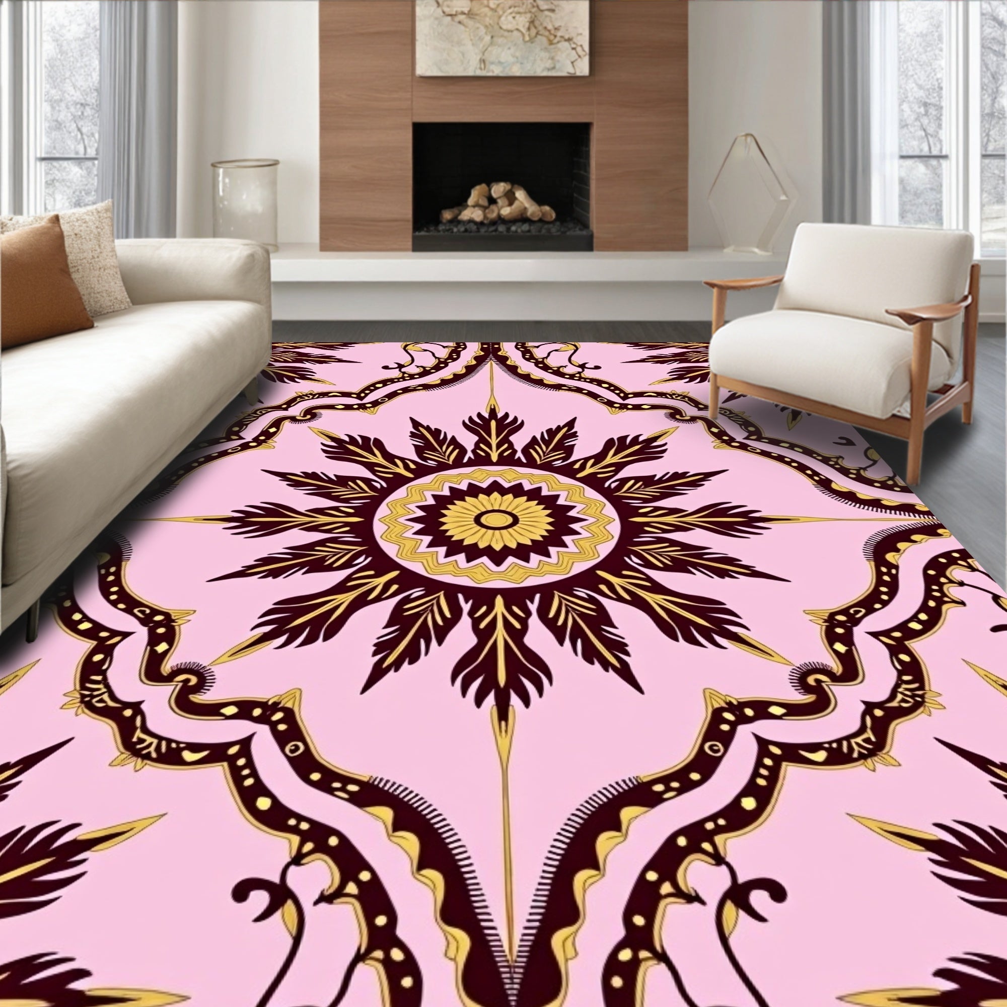 Pink Burgundy Sunburst Scroll Rug