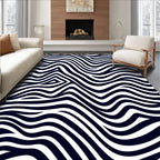 Dark Navy White Abstract Wave Rug