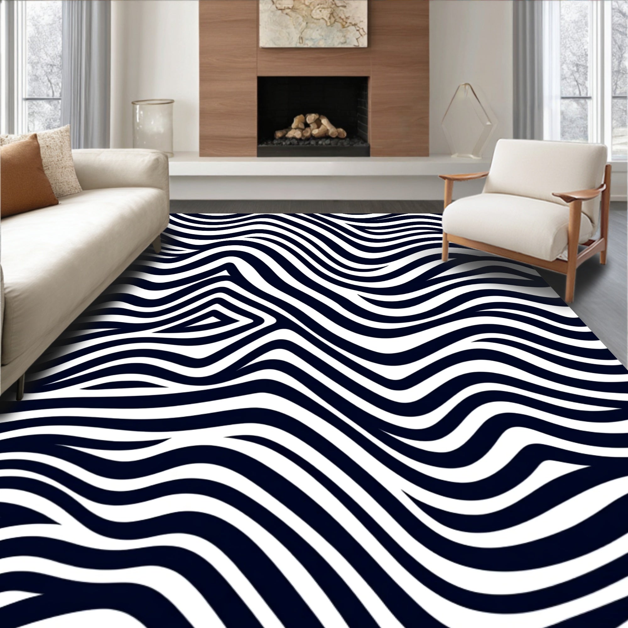 Dark Navy White Abstract Wave Rug