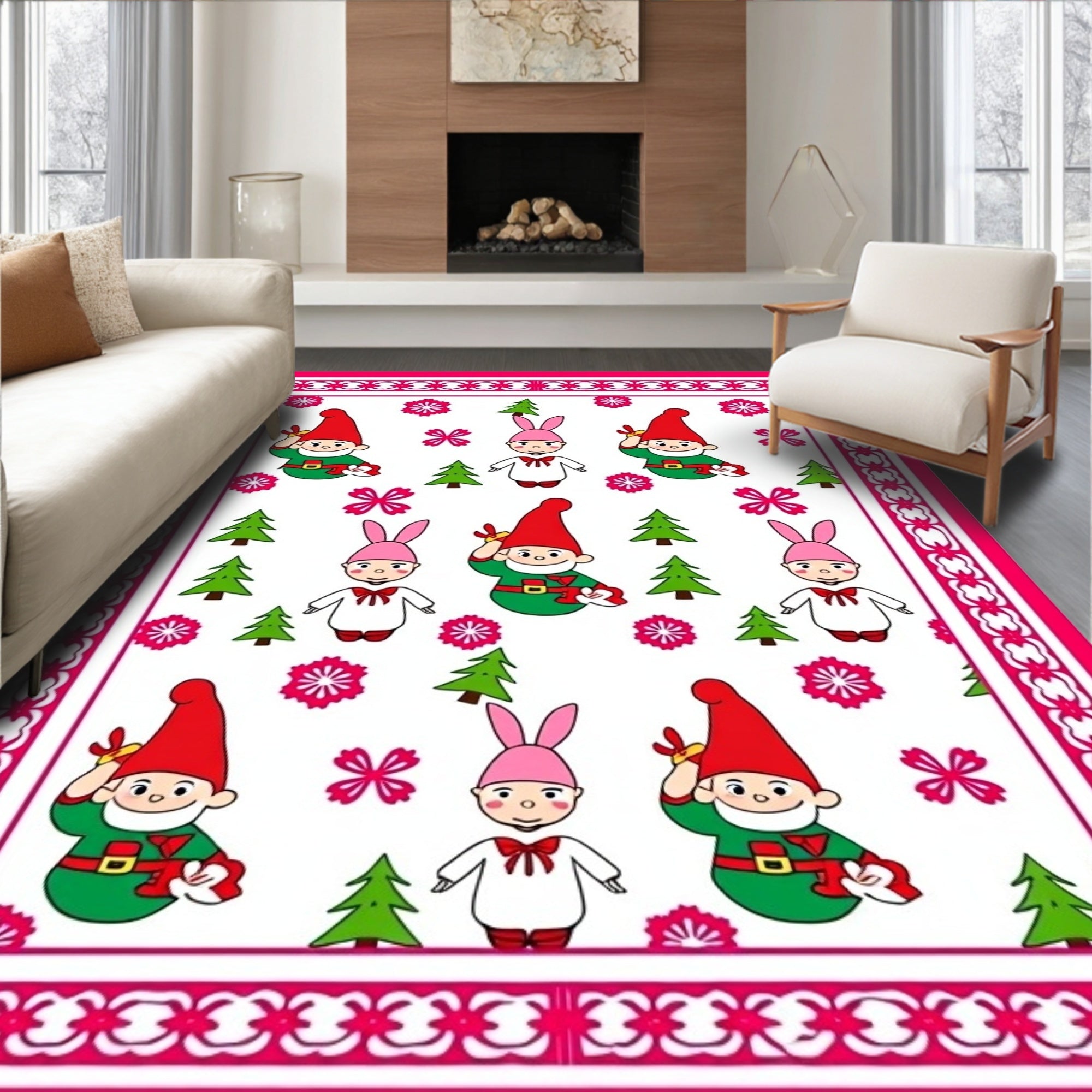 Cute Gnome Bunny Christmas Holly Rug