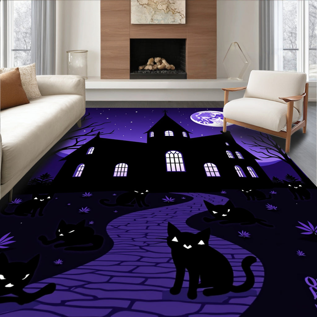 Spooky Night Black Cats Moonlit Manor Rug