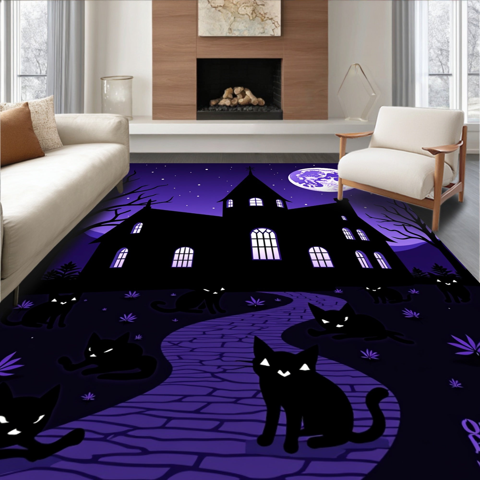 Spooky Night Black Cats Moonlit Manor Rug