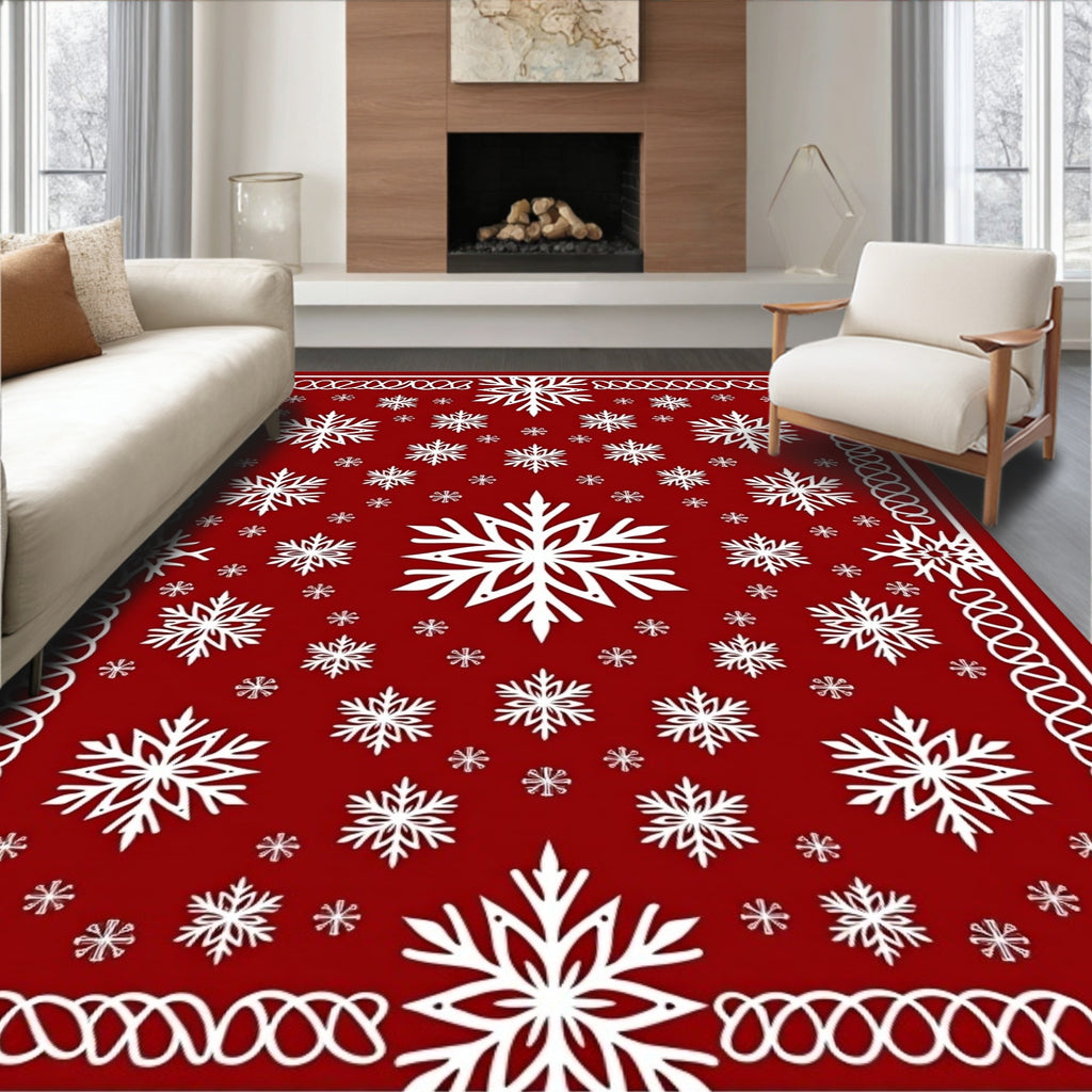 Crimson White Snowflake Medallion Border Rug