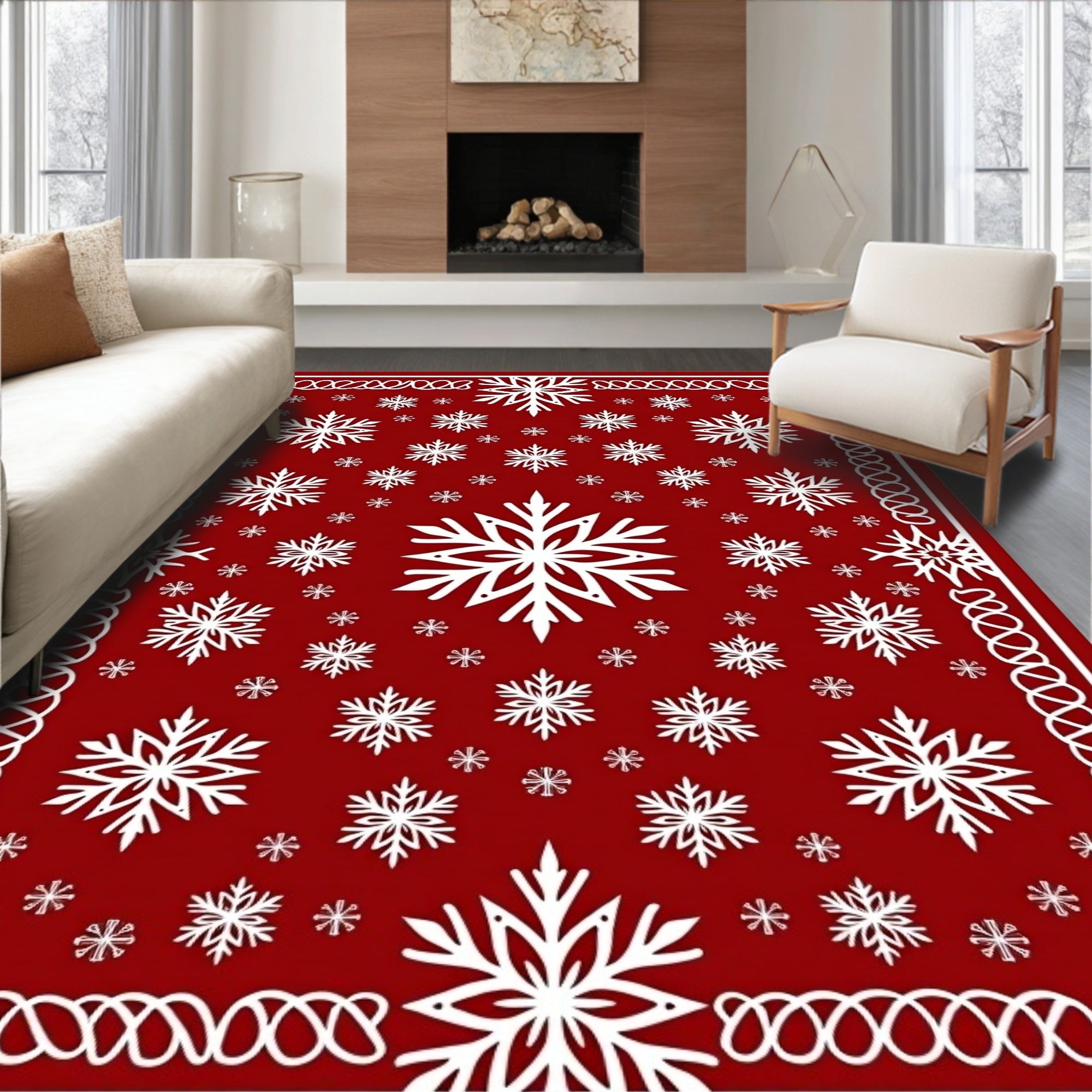 Crimson White Snowflake Medallion Border Rug