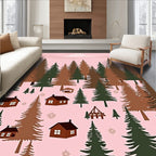Charming Pink Forest Cabin Landscape Rug