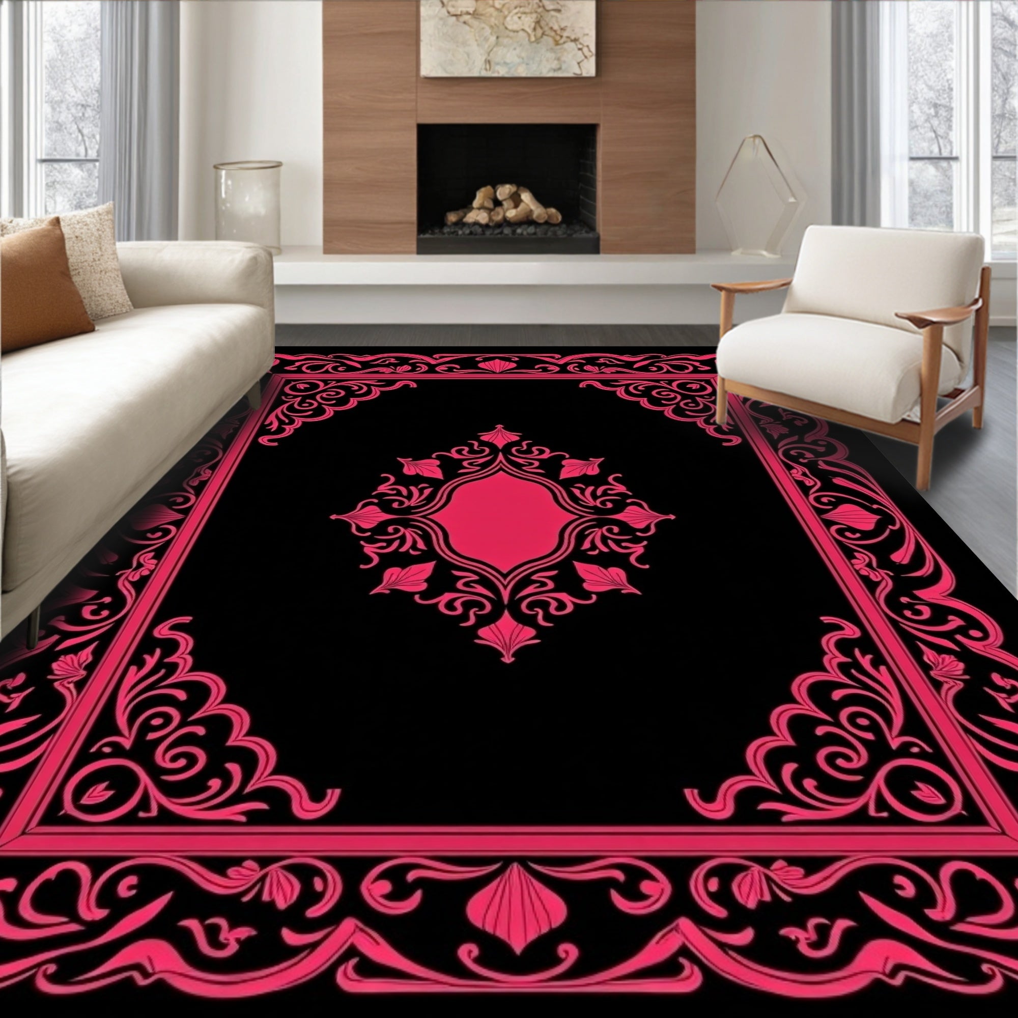 Bold Crimson Frame Floral Centerpiece Rug