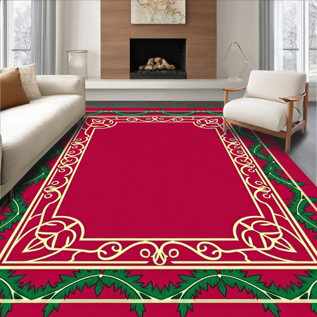 Crimson Green Bordered Floral Scroll Rug