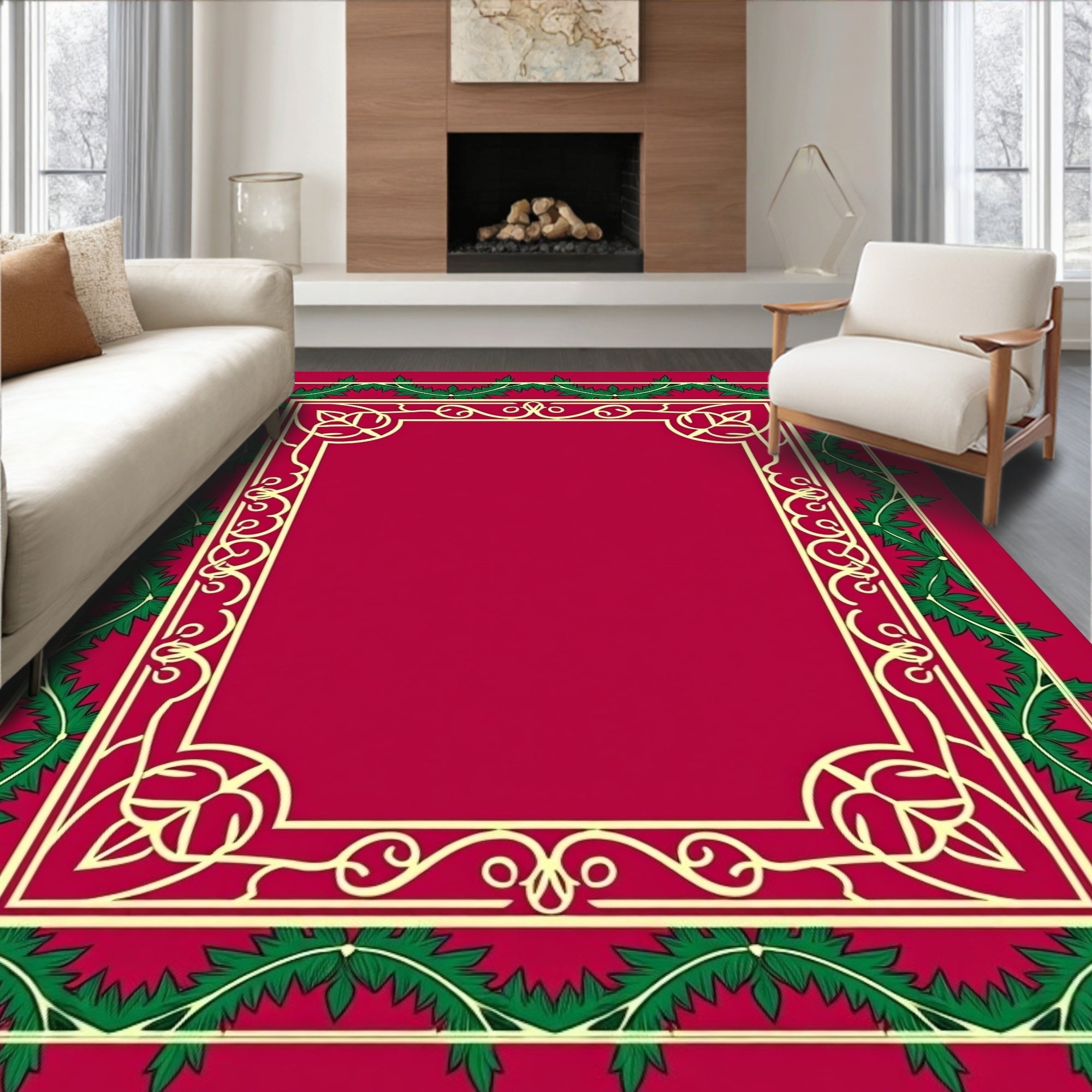 Crimson Green Bordered Floral Scroll Rug