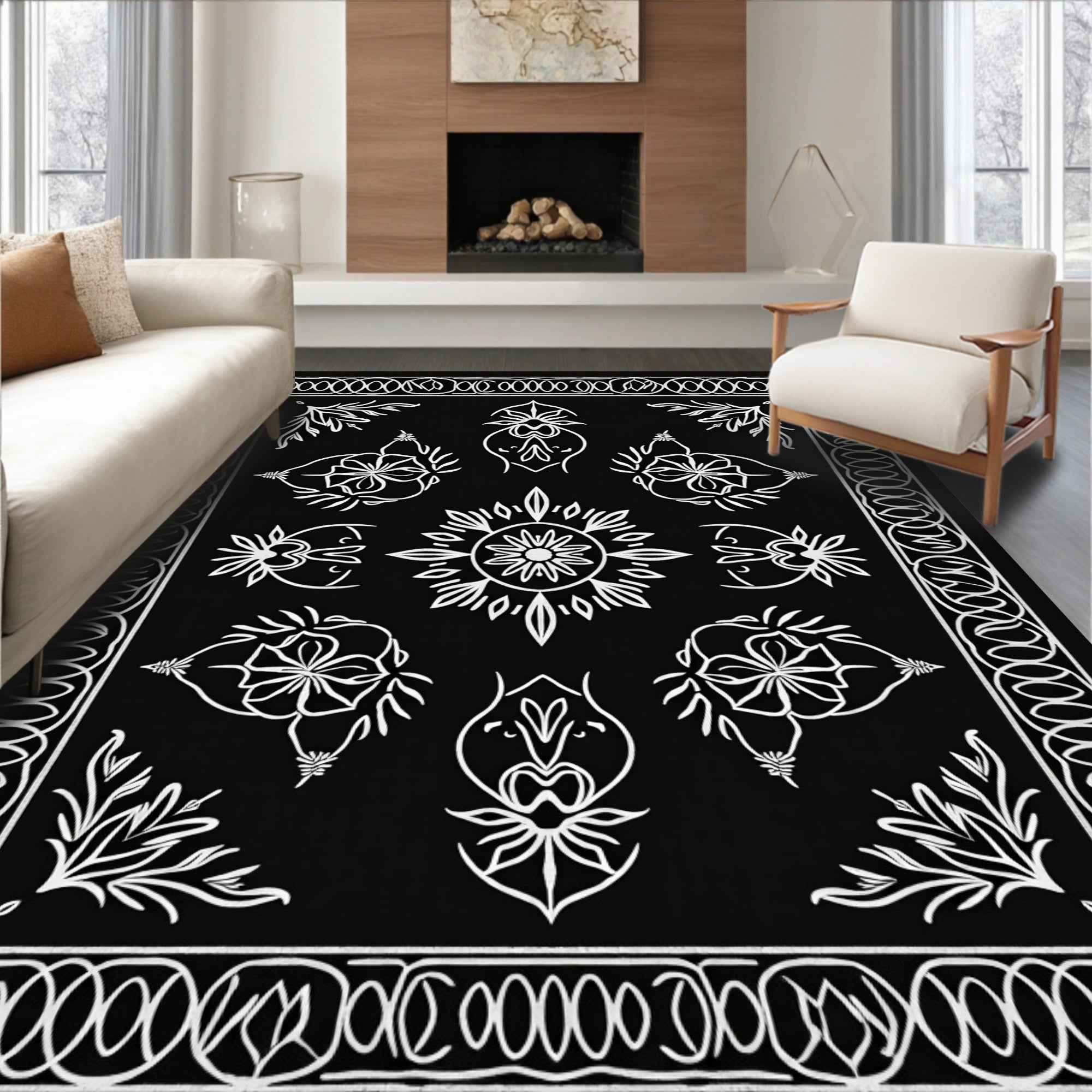Black White Floral Medallion Arrangement Rug