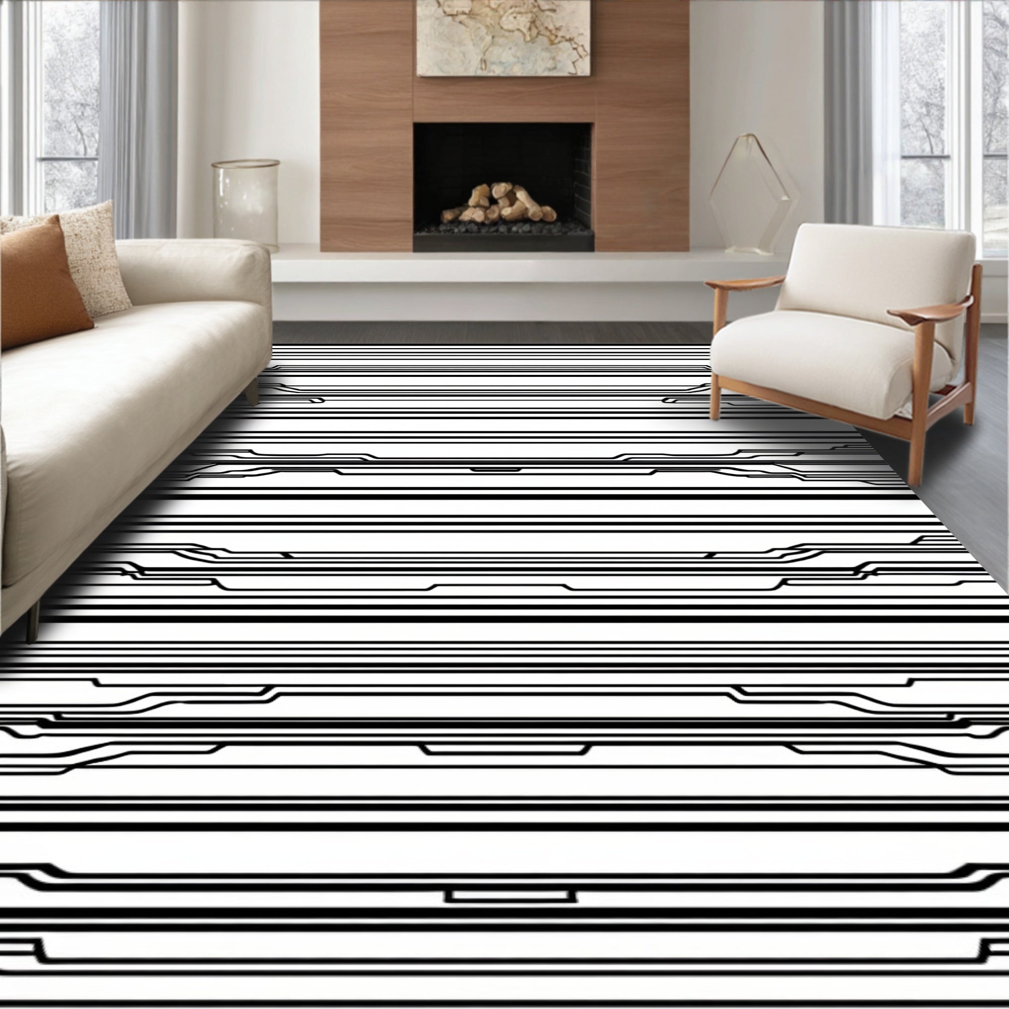 Abstract Black White Circuit Lines Rug