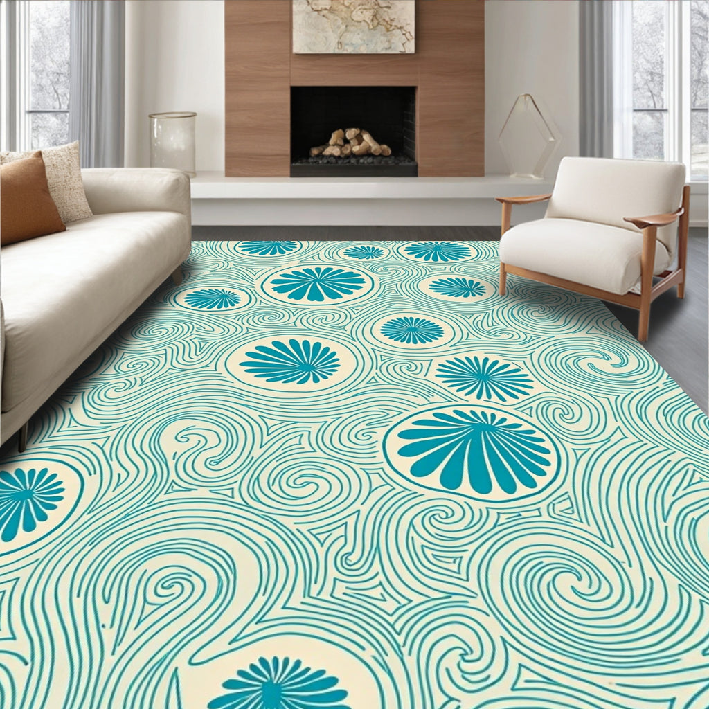 Teal Floral Swirl Cream Rug