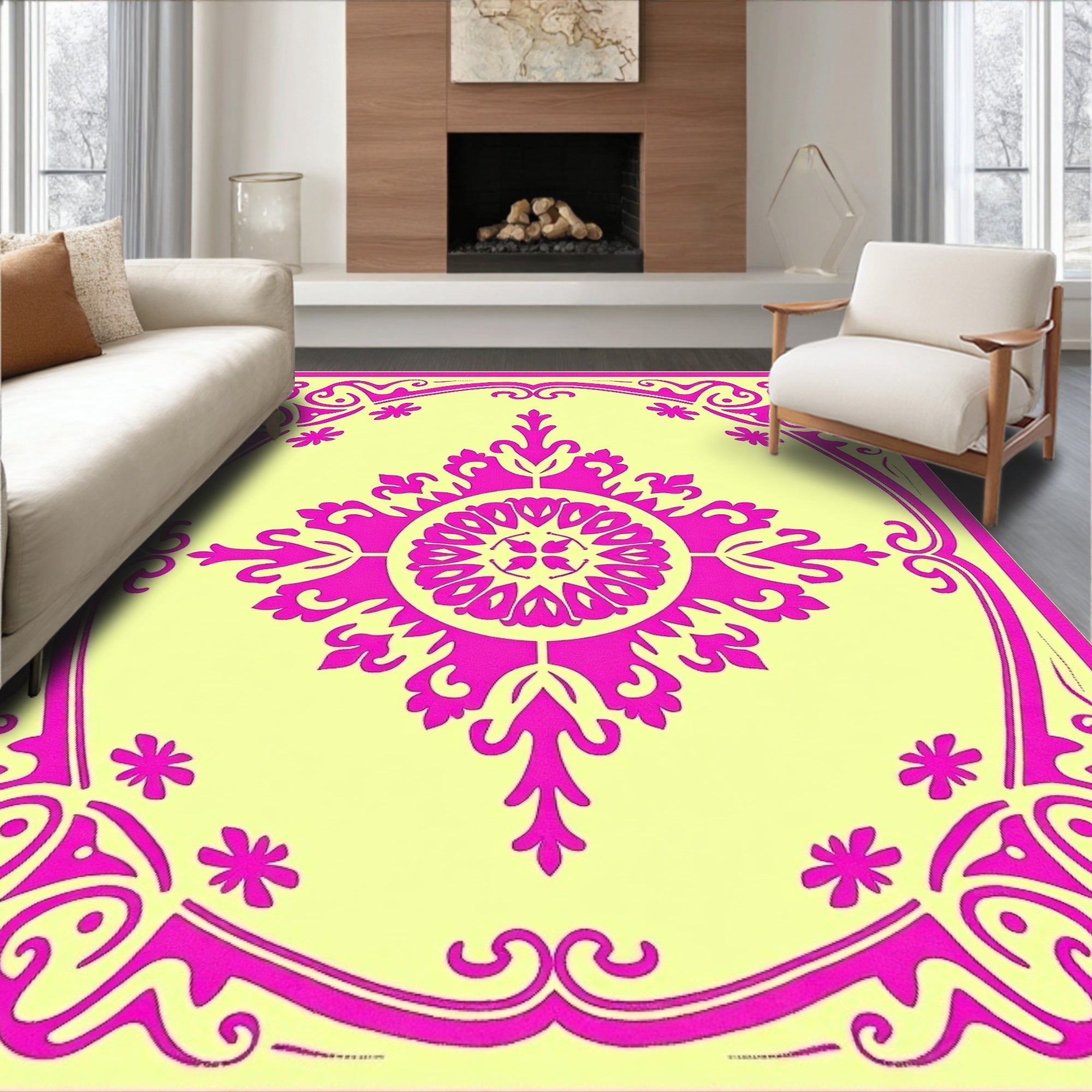 Bright Yellow Pink Floral Medallion Accent Rug