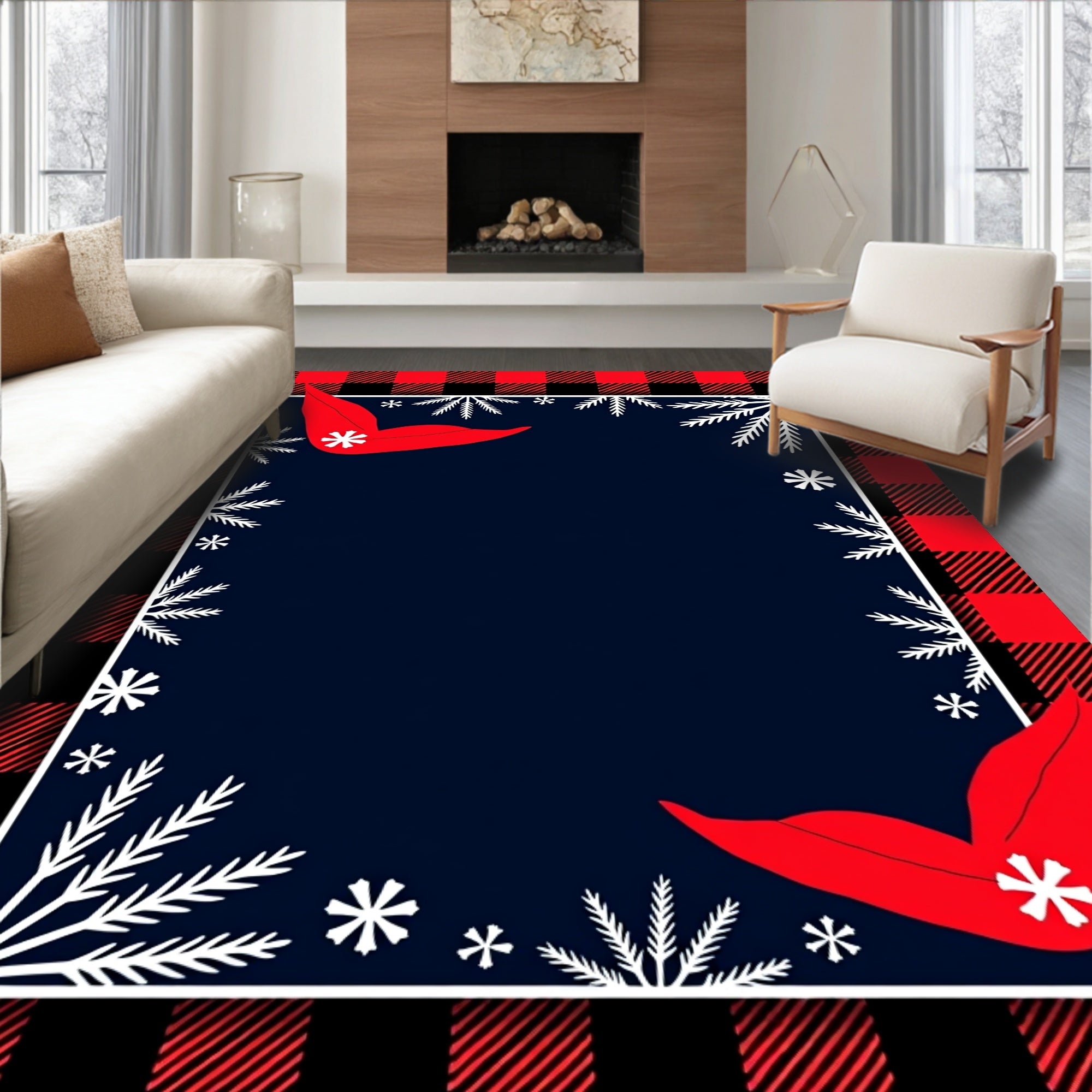 Red Black Buffalo Plaid Snowflakes Design Rug