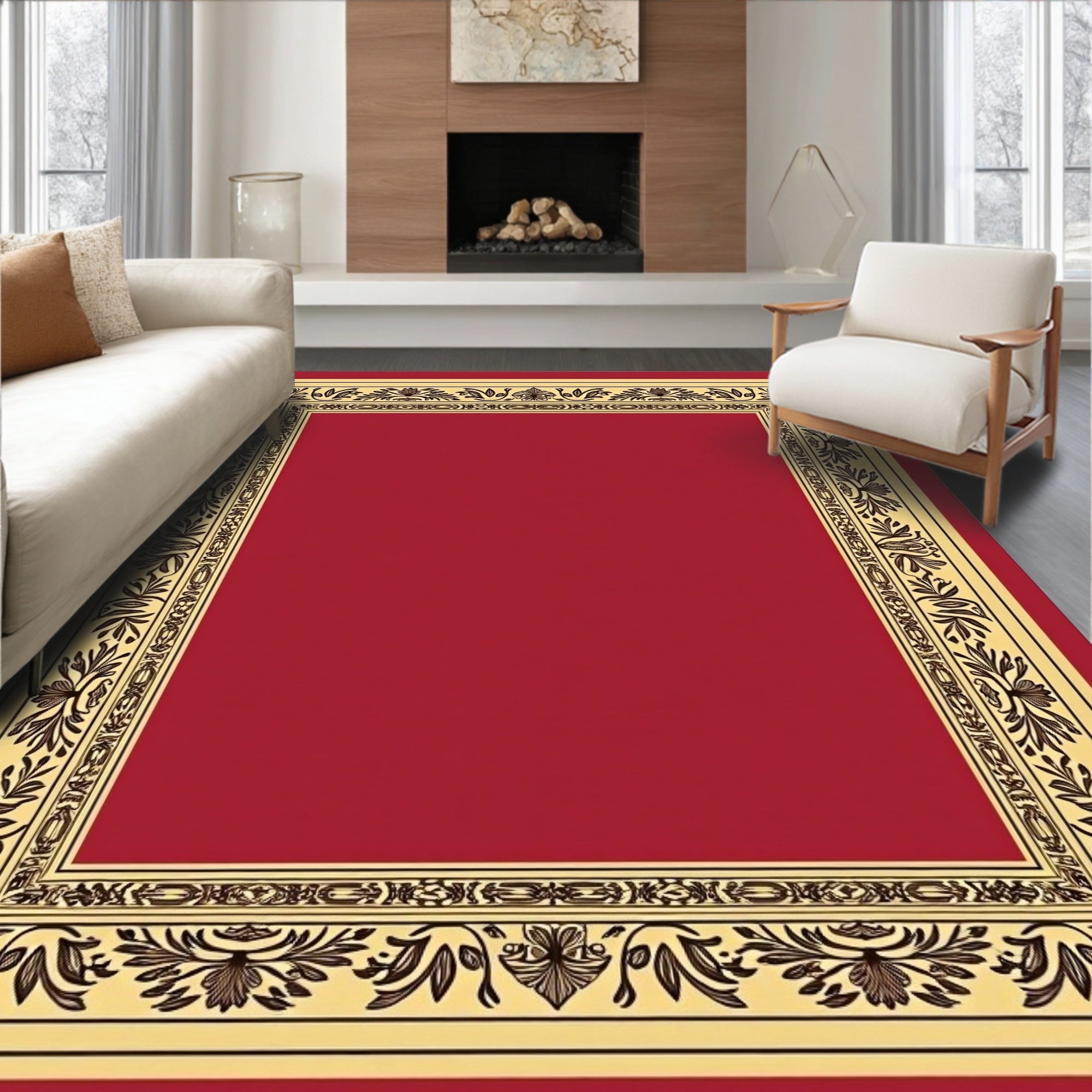 Crimson Floral Bordered Area Rug
