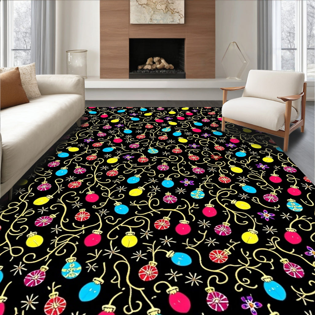 Colorful Holiday Lights Garland Black Rug