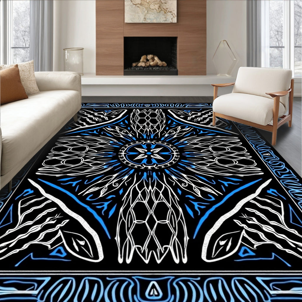 Bold Blue Abstract Sunburst Mandala Rug