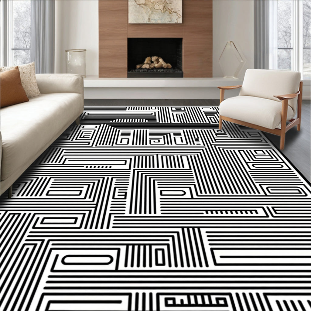 Black and White Geometric Maze Rug