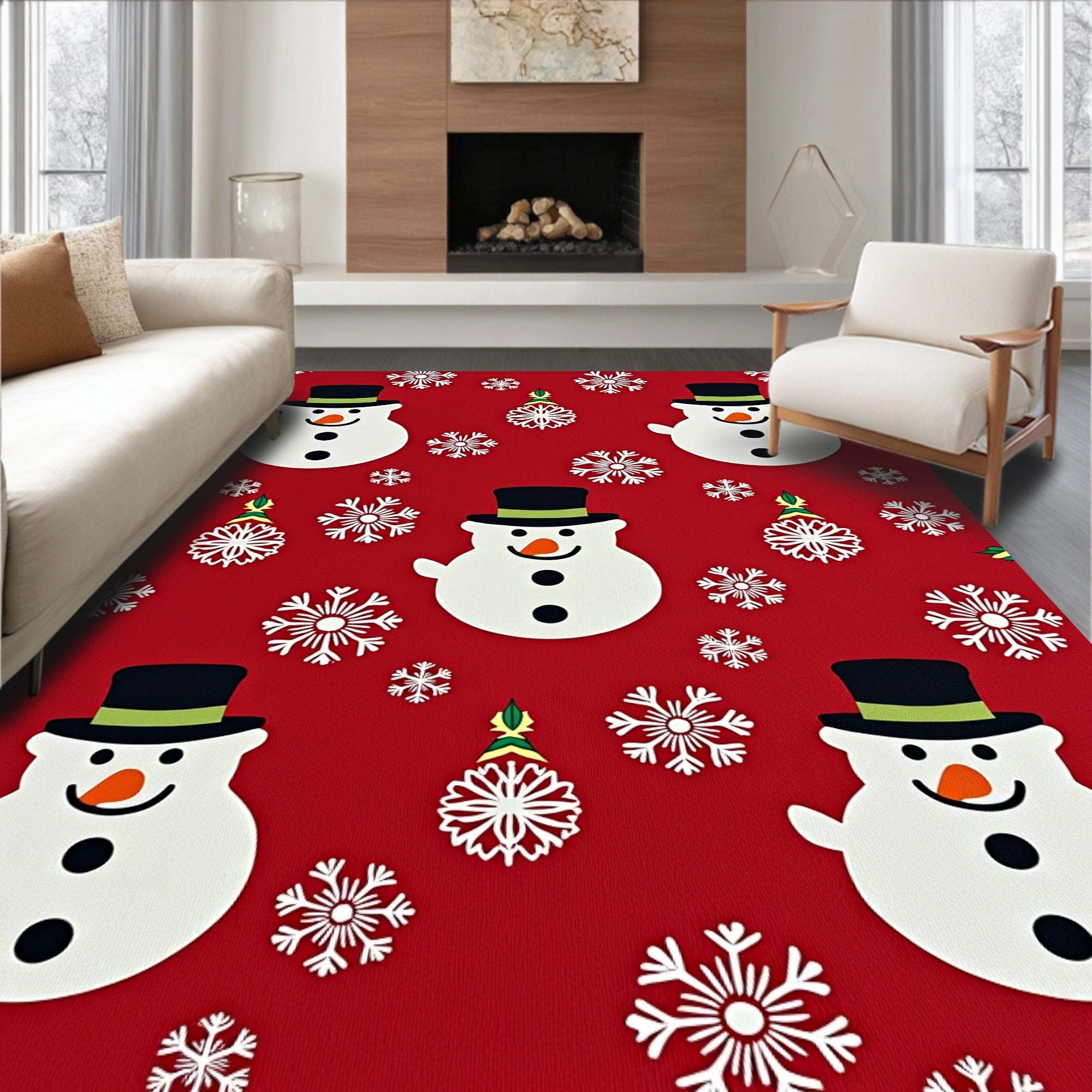 Merry Snowman Snowflake Red Cover Rug