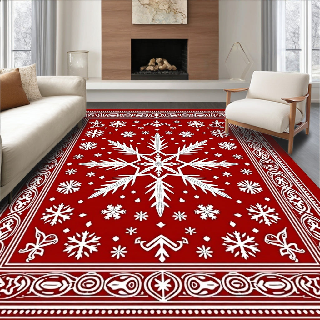 Crimson White Snowflake Holiday Border Rug