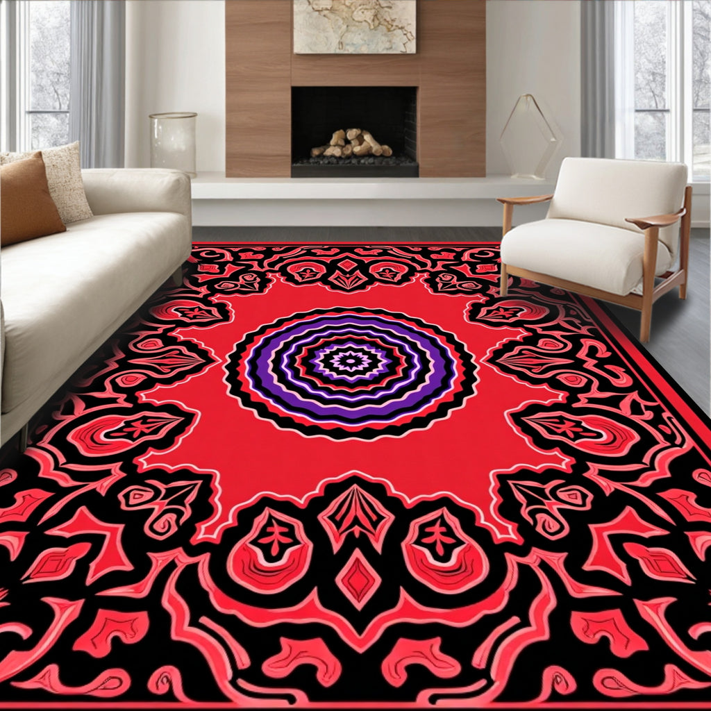 Vibrant Crimson Mandala With Purple Accents Rug