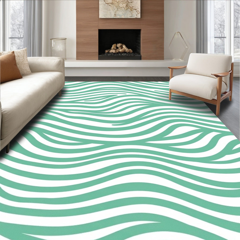 Aqua White Abstract Wave Lines Rug