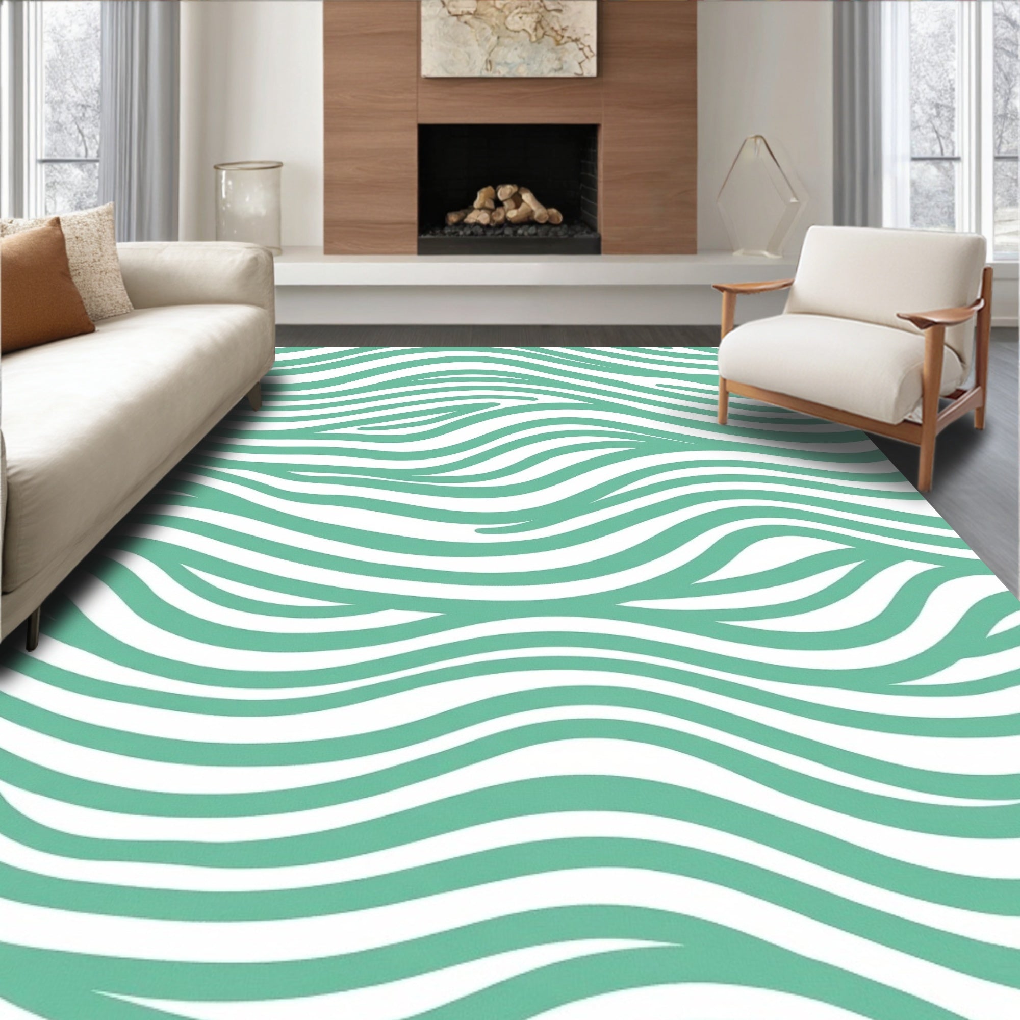 Aqua White Abstract Wave Lines Rug