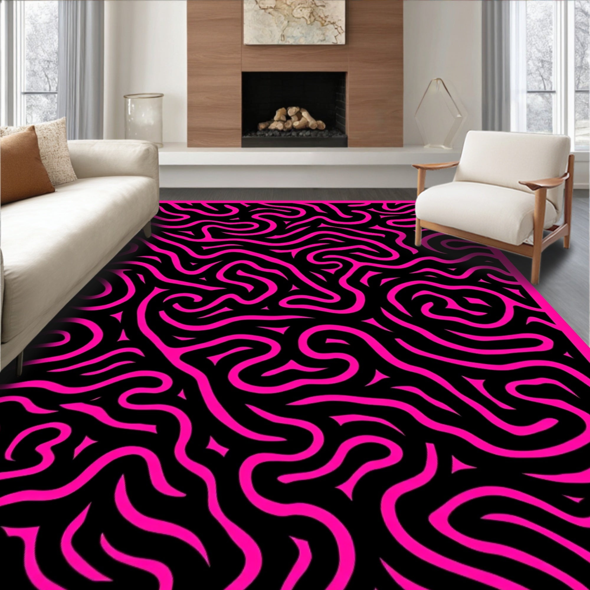 Vibrant Pink Black Swirl Rug