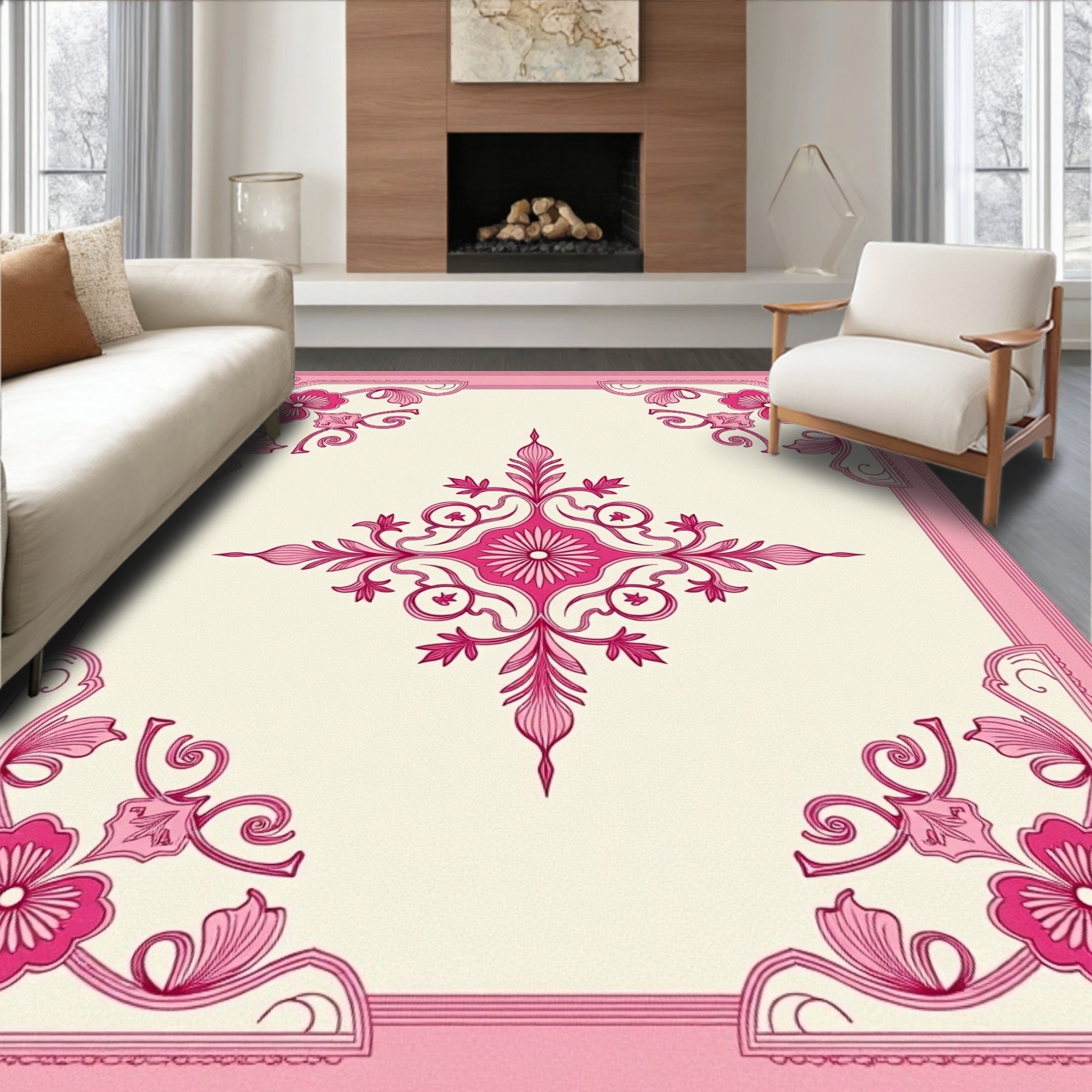 Pink Floral Corner Medallion Rug