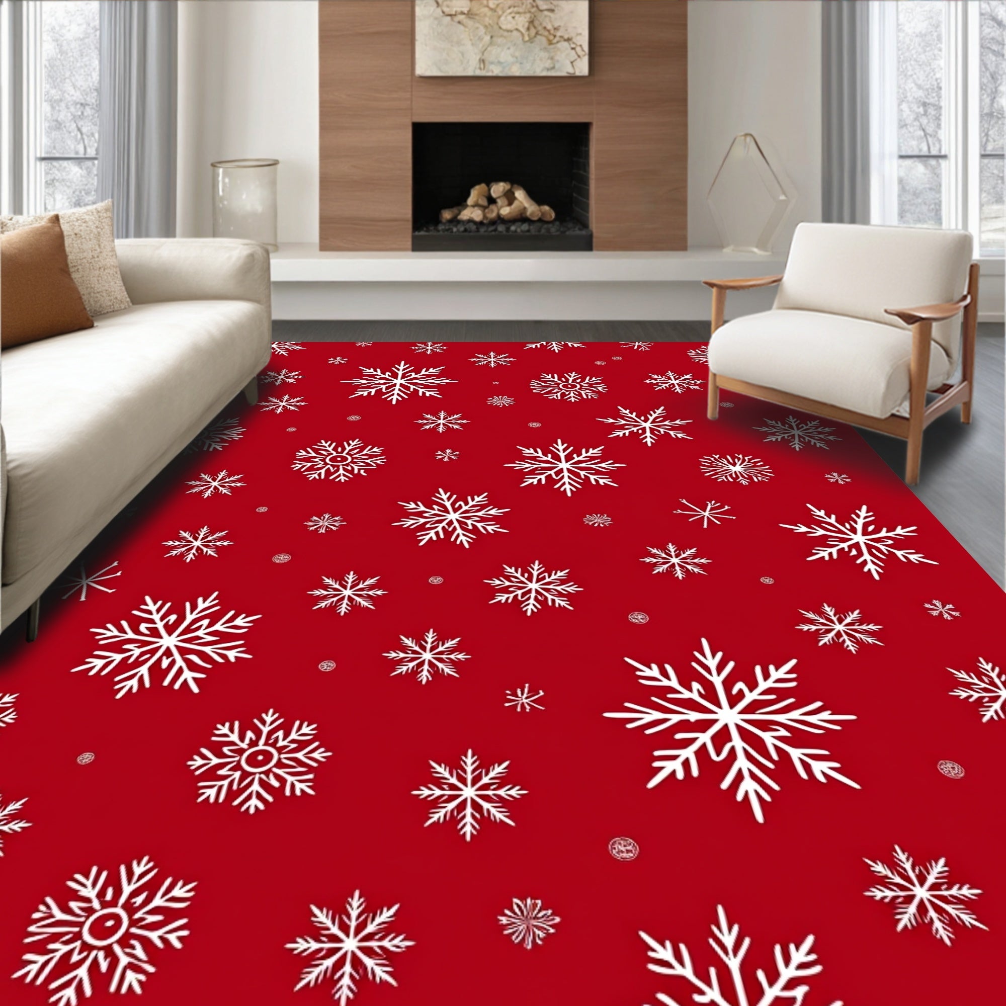 Crimson White Snowflake Scatter Rug
